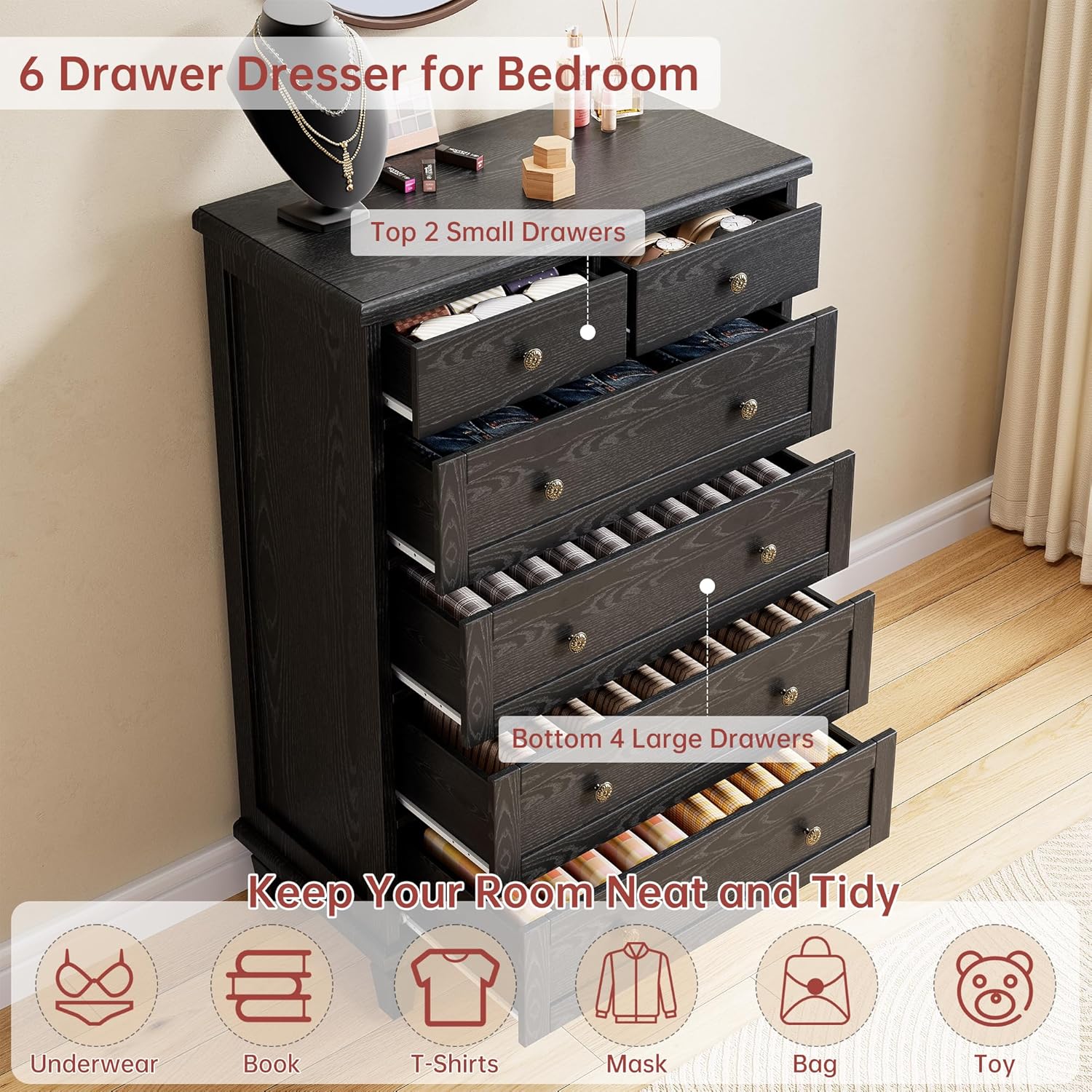 Garvee 47" Tall Dresser for Bedroom, Vintage 6 Drawer Dresser with Carved Handles and Tapered Legs Design, Wood Chests of Drawers with Large Capacity Storage, Black