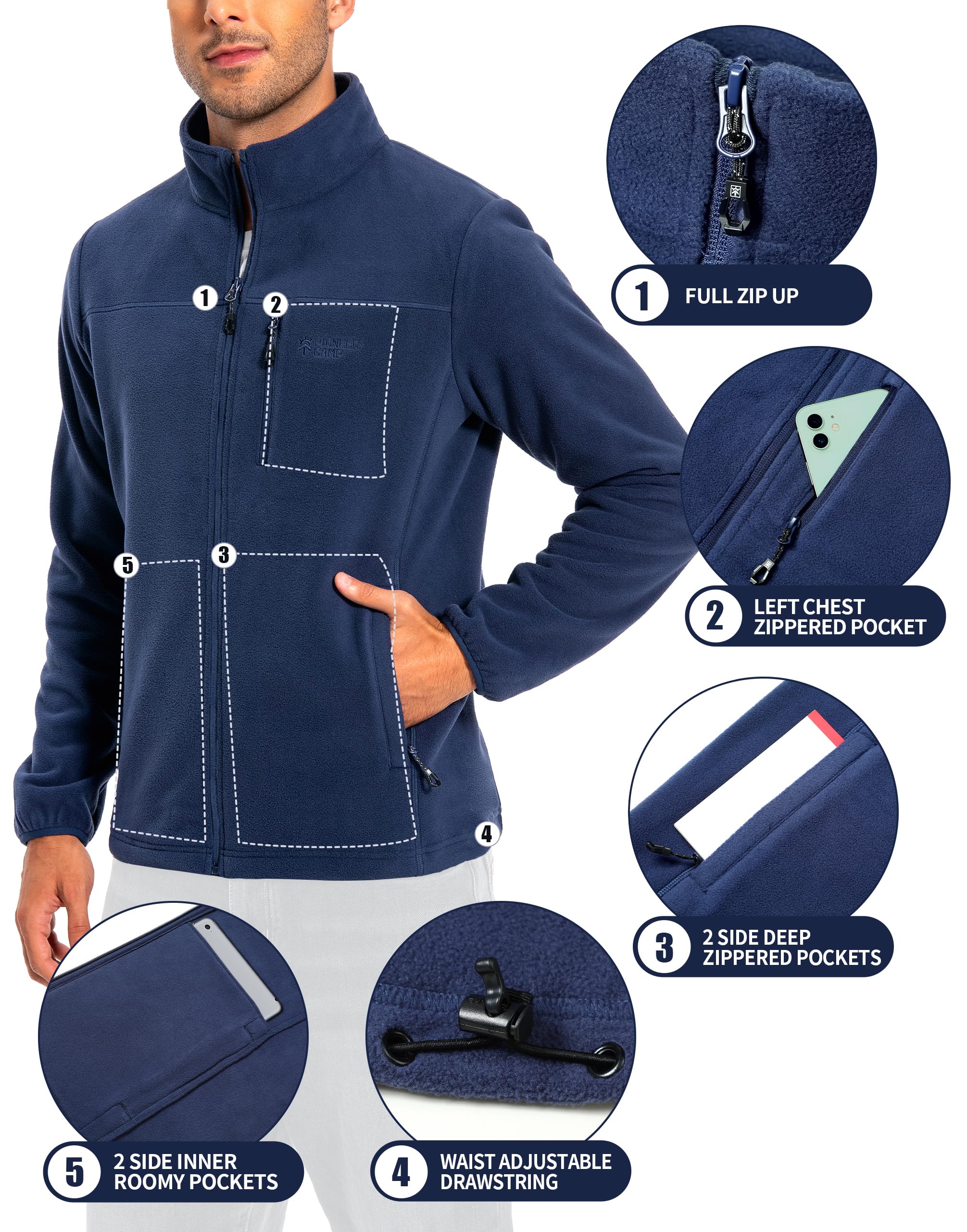Pioneer Camp Giacca in pile da uomo Full Zip Outdoor Polar, leggera, antivento, con chiusura lampo