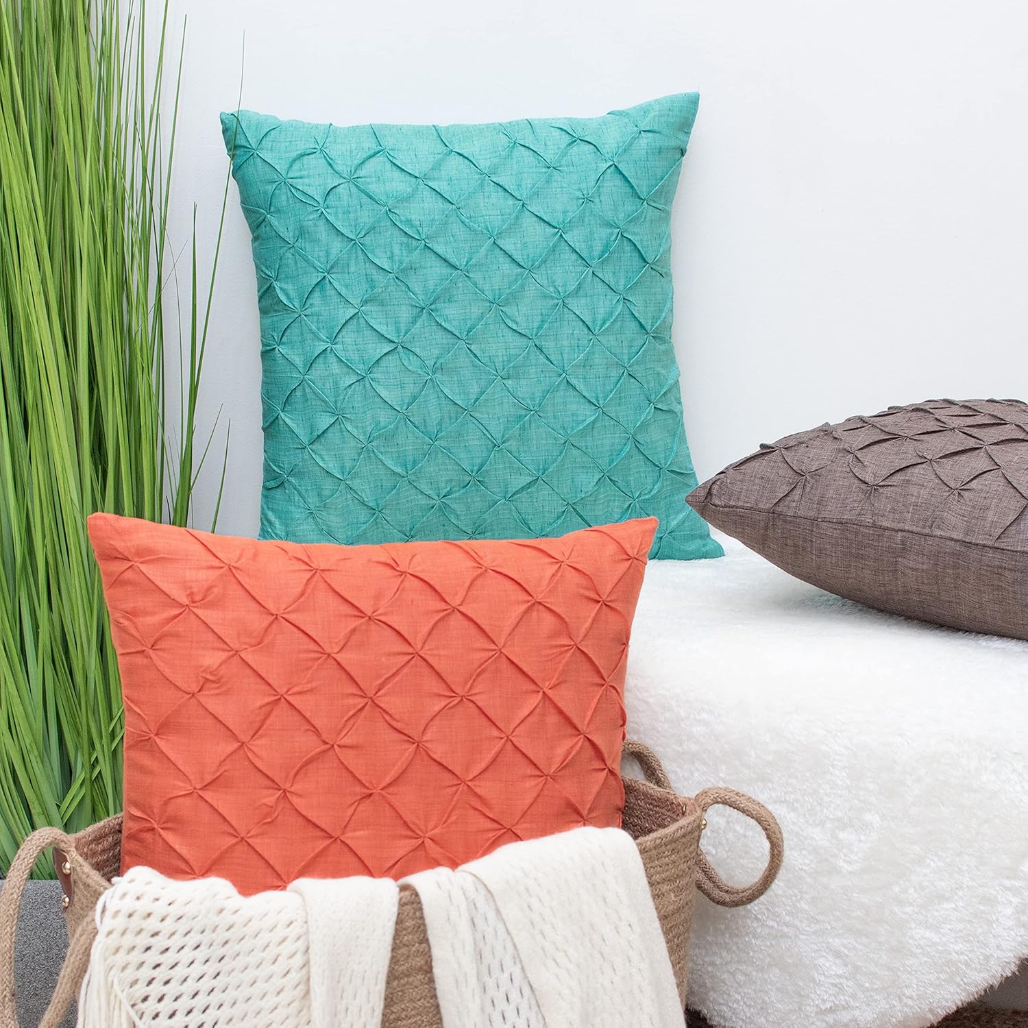 The White Petals Orange Throw Pillow Covers - Faux Linen, Textured, Luxurious, Elegant & Decorative (Pinch Pleat, 18x18 inch, Pack of 2)