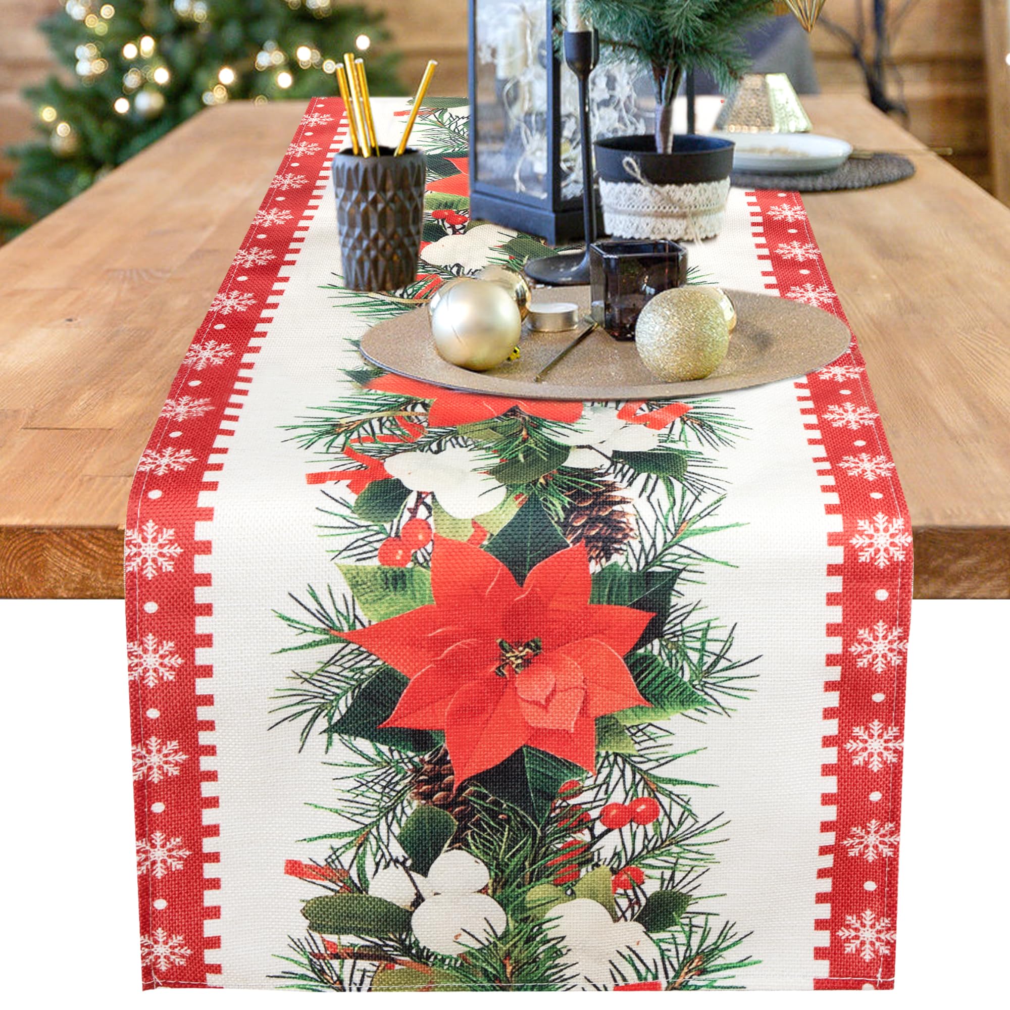 Camino de Mesa Navidad, Mantel Lino para Mesa de Navidad, Decoración de Mesa Patrón Navideño Bordado Algodón Rojo para Decoración, Mesa de Cena Navidad, Fiesta
