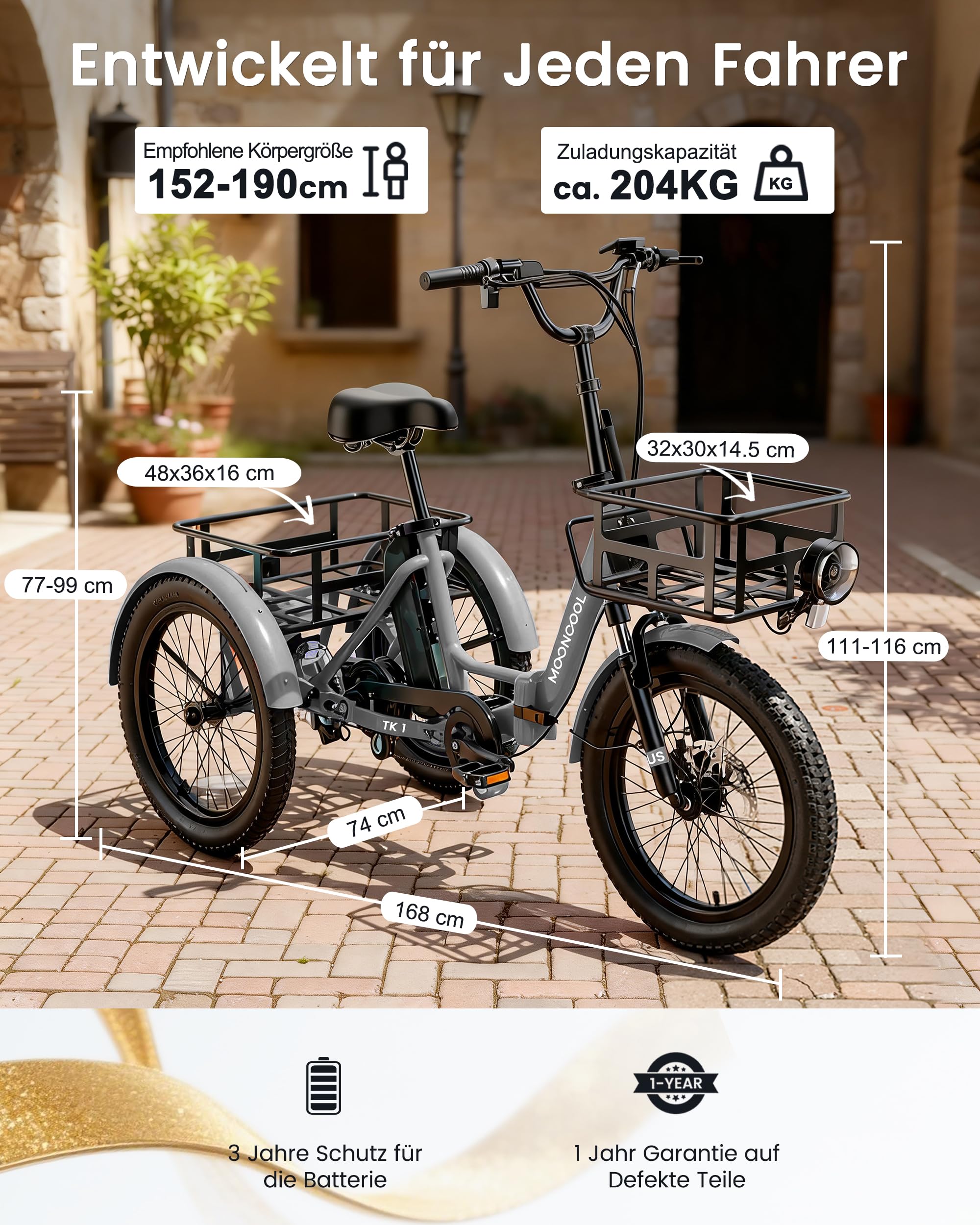 MOONCOOL E Bike Klapprad, 20" Elektrofahrräder für Herren Damen, 36V 20AH Akku, 250W Motor 45 Nm, LCD-Display, IP65 Wasserdicht, 3 Fahrmodi, mit Großen Körben & Fußstützen