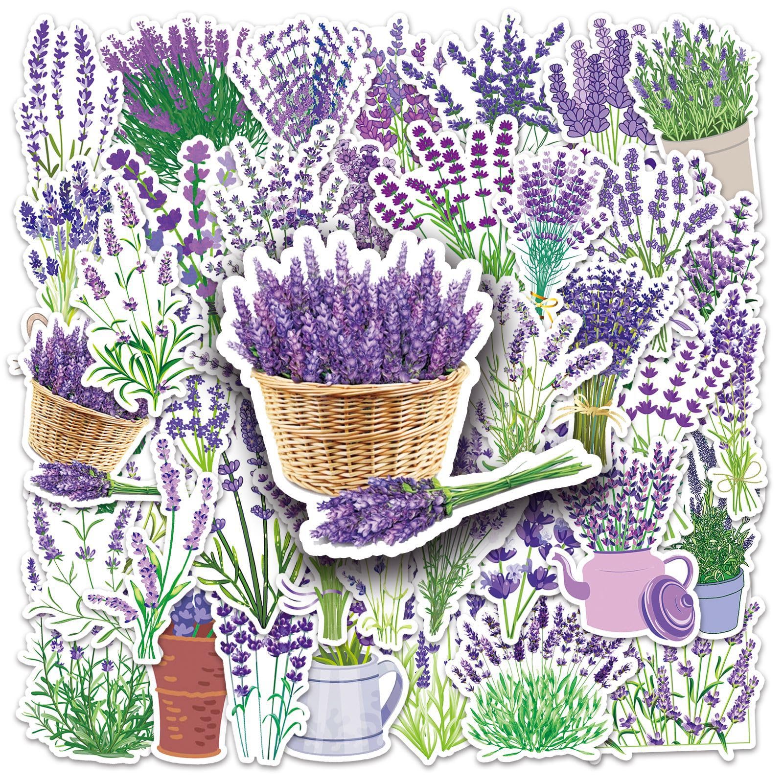 50 Pcs Purple Lavender Stickers Vinyl Cute Plant Stickers for Water Bottle Laptop Luggage Phone Case Motorcycle Refrigerator Cars,Waterproof Aesthetic Flower Decals for Girls Teens Kids