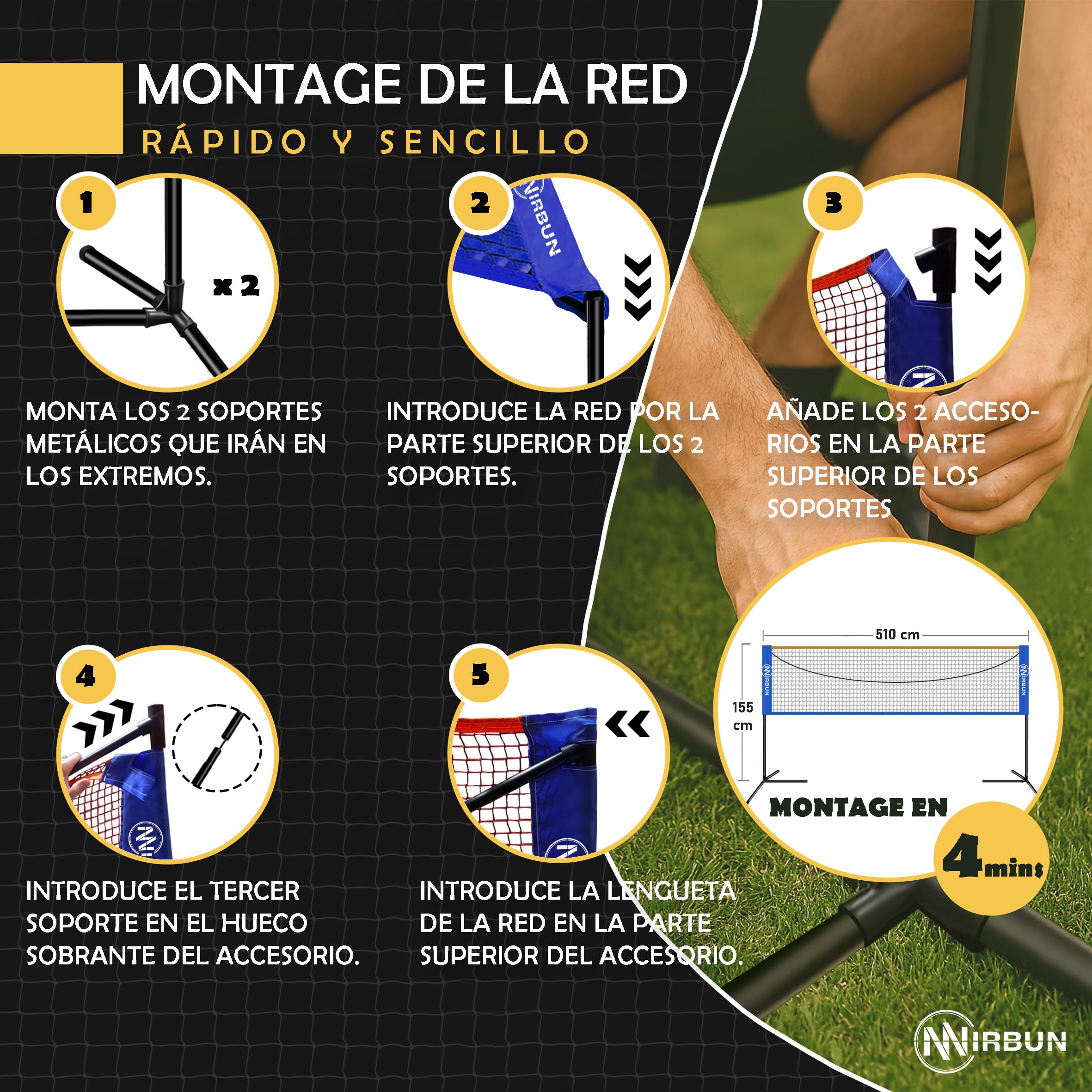 Set de Bádminton 4 Jugadores con Red 5,1 m Raquetas Profesionales Estructura Metálica Juego Familiar