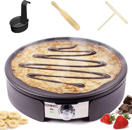 Duronic Crepe Maker PM152 Electric Pancake Maker Machine 37cm Non Stick Removable Hot Plate for Crepes, Omelettes & Pancakes Includes Crêperie Utensils
