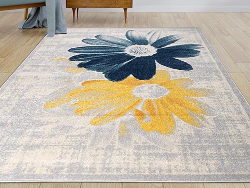 Ladole Rugs - Alfombra contemporánea con patrón floral para sala de estar dormitorio entrada pasillo color verde azulado amarillo 5 x 8 pulgadas 5