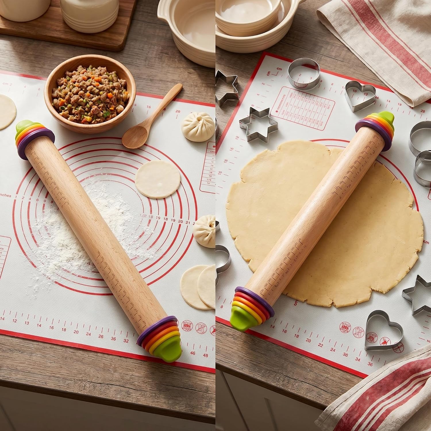 Adjustable Rolling Pin with Thickness Rings & Silicone Baking Mat, 13.78" Dough Roller with 4 Multicolored Rings,Wooden Rolling Pins for Baking, Bread, Pizza Doughs-Home Baking Gift