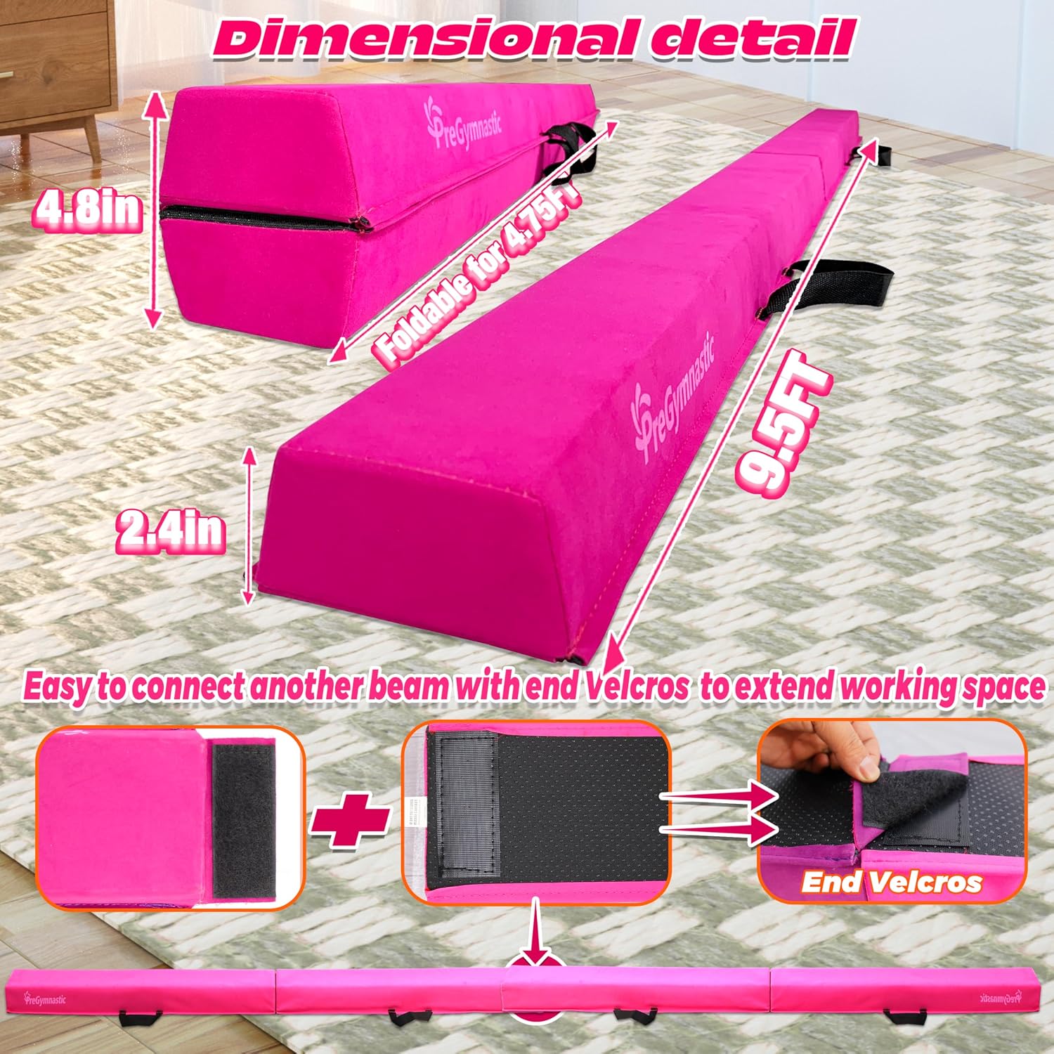 6FT/8FT/9.5FT Folding Balance Beam for Kids Ages 3-12, Foldable Gymnastics Floor Beam-Extra Firm Suede Cover with Carrying Bag for Home-Gym Equipment for Toddler Teenager