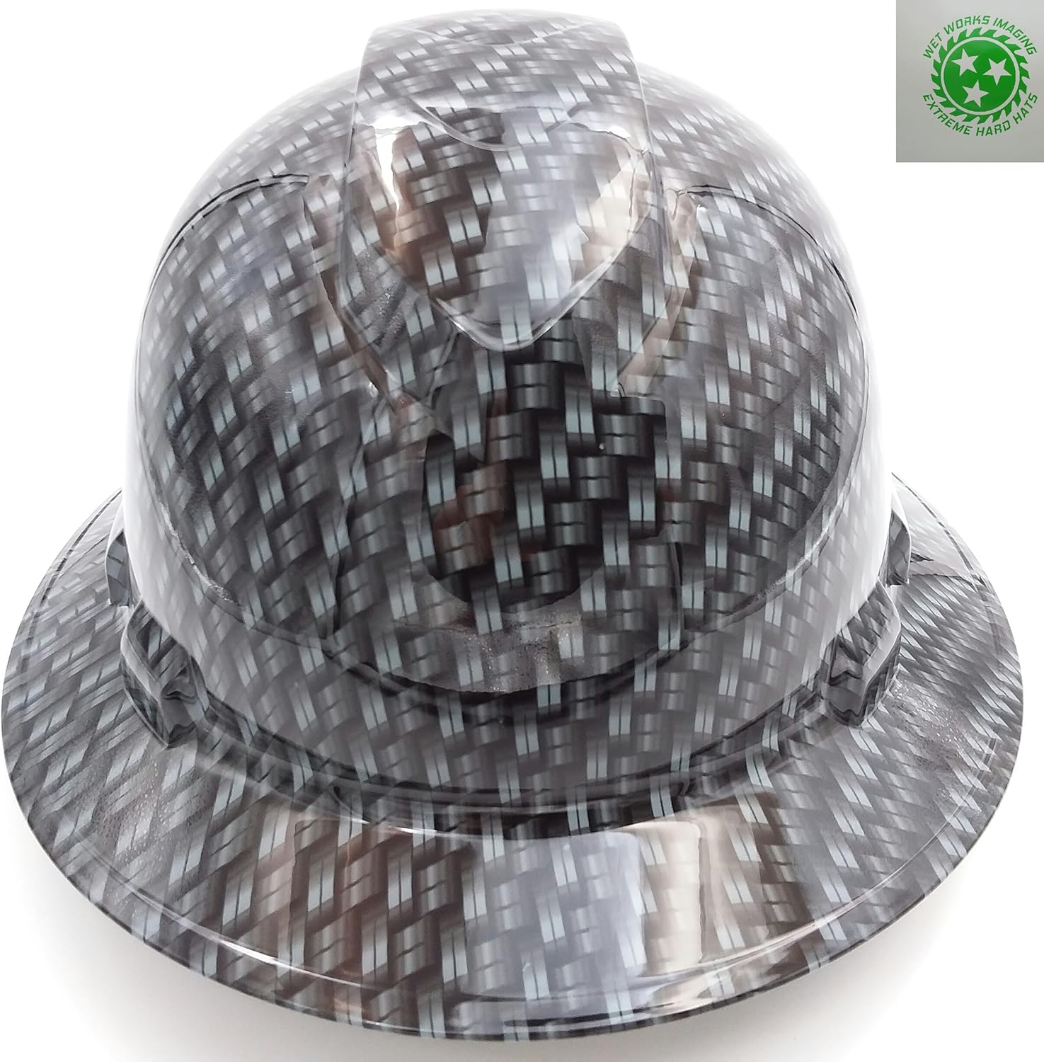 Wet Works Imaging Customized Pyramex Full Brim Metal Weave Carbon Fiber Hard Hat with Ratcheting Suspension