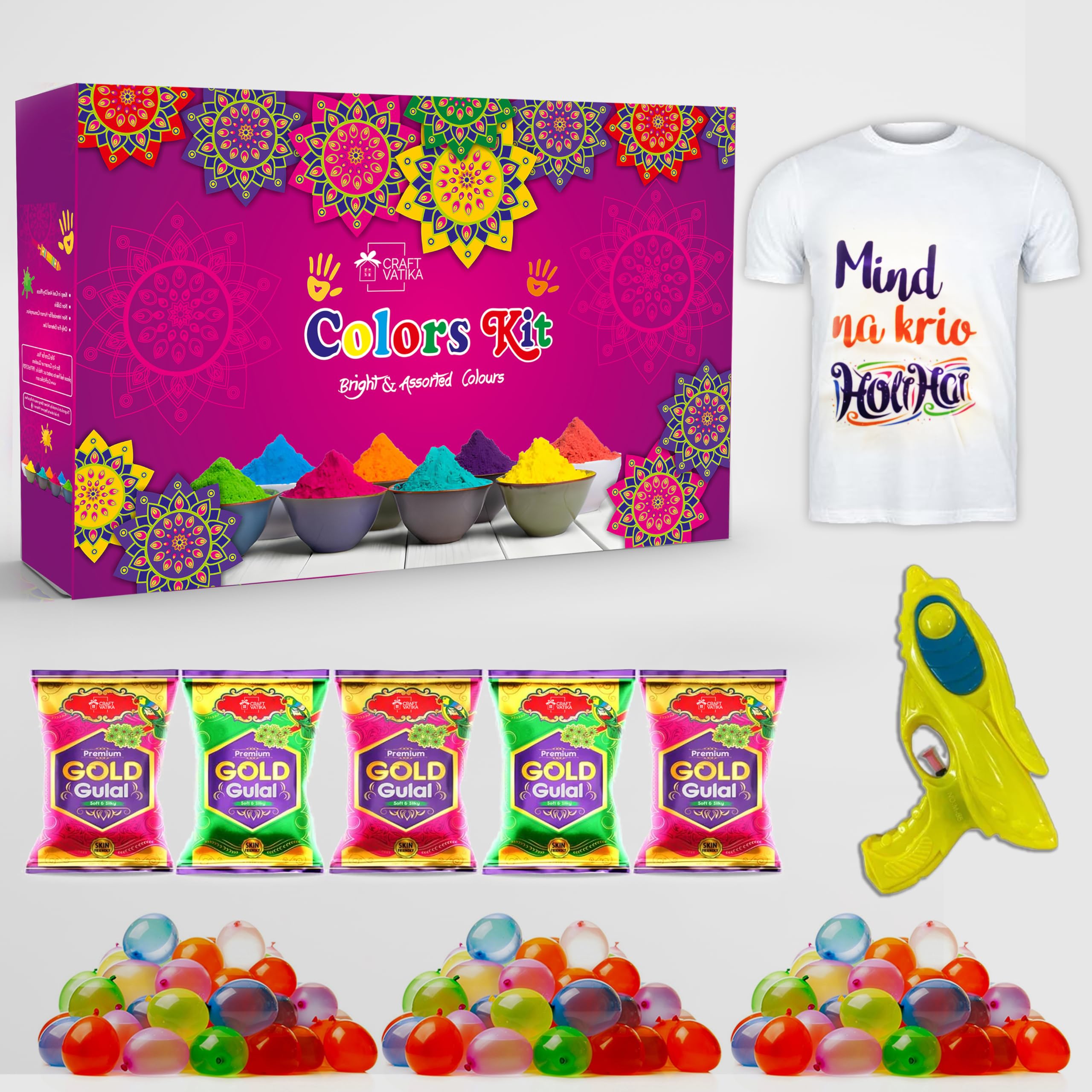 CraftVatika Holi Gulal Colour Gift Combo - Premium Holi Giftbox with Balloon Tshirts Pichkari - Pack of 507 Holi Items - 400g Holi Colours, Pack of 5 Colors, 1 Kids Pichkari, 1 Holi Theme Tshirt