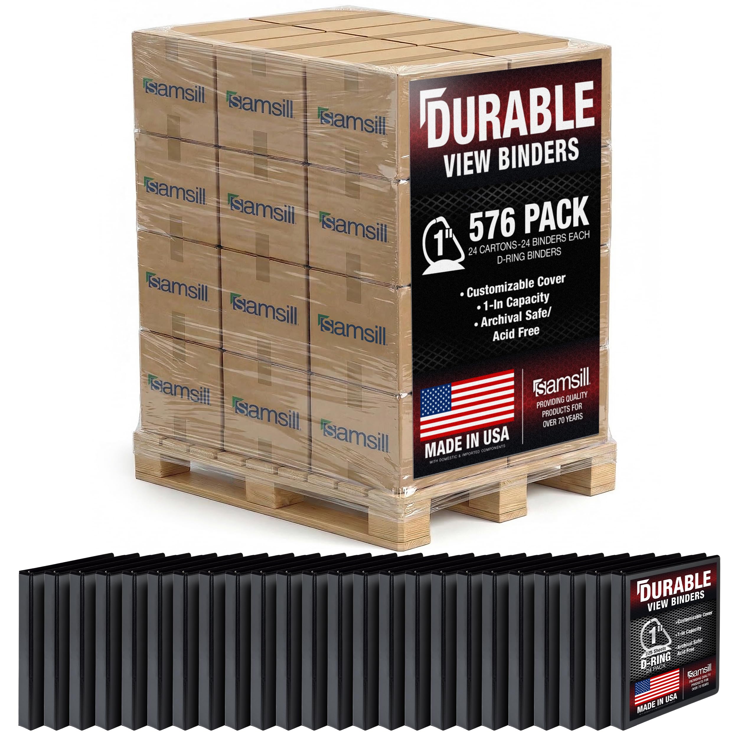 Samsill Durable 1 inch 3 Ring Binder, D Ring Binder, 100% Recycled Chipboard, Black, Pallet of 576 Binders in 24 Cartons