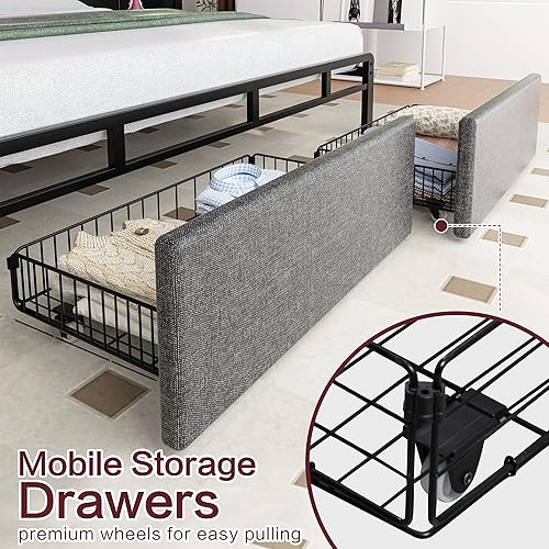 Miniatura 22 de SUNLEI Base de cama Queen con luz LED y 2 cajones, plataforma de metal con estación de carga y cabecera de almacenamiento de tela de lino, listones