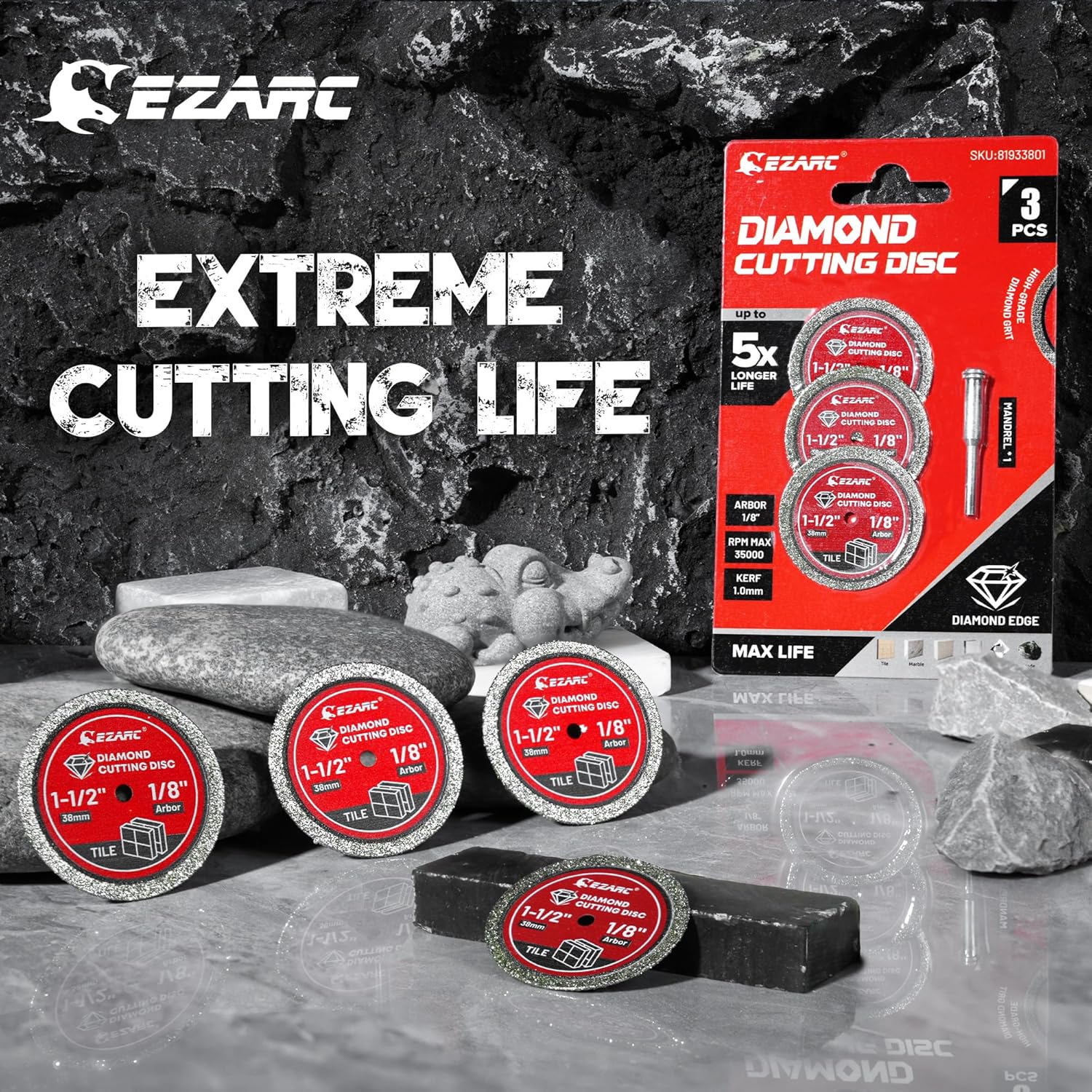 EZARC 1-1/2 Diamond Cutting Wheel, 1.5" x 1/8" Tile Cutting Wheel Durable 4-Pack, Rotary Tool Cutting Disc Accessories Include Mandrel