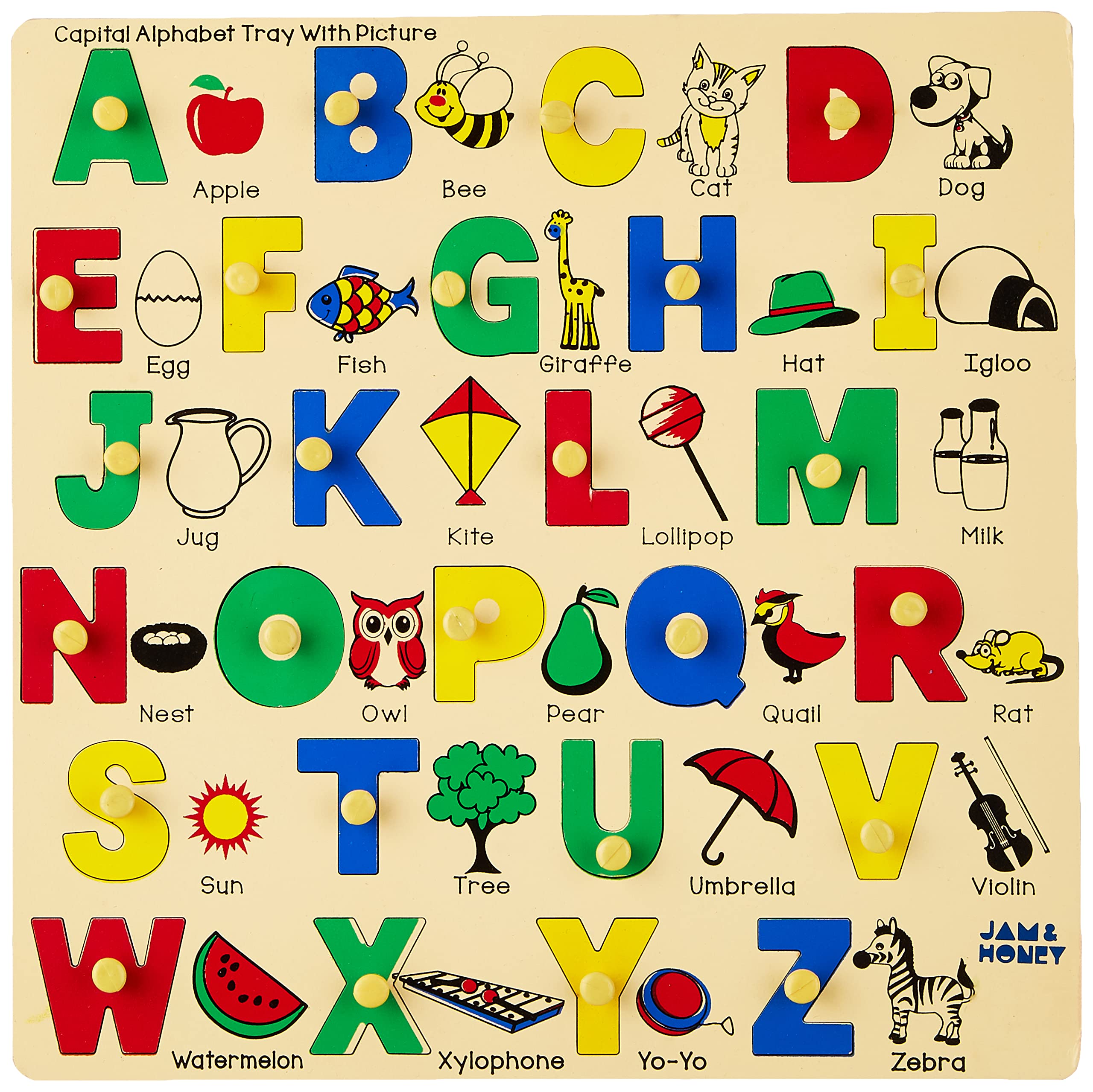 Amazon Brand - Jam & Honey Capital Alphabet Tray with Picture (with Knobs)