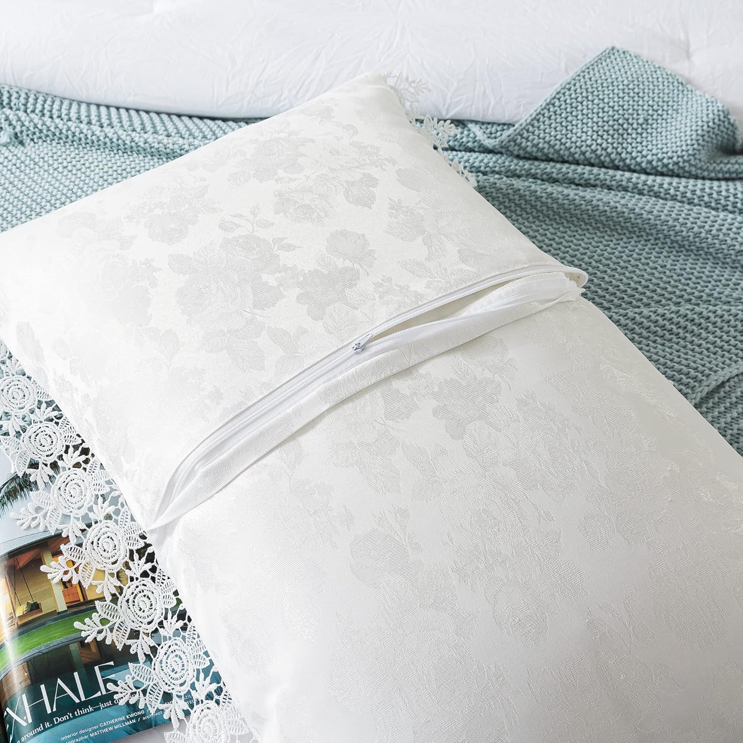 2 Pack White Pillow Shams Rose Embroidery Lace Jacquard Pillowcases with Ruffles Shabby Vintage Pillow Covers Queen Size 20"X26"