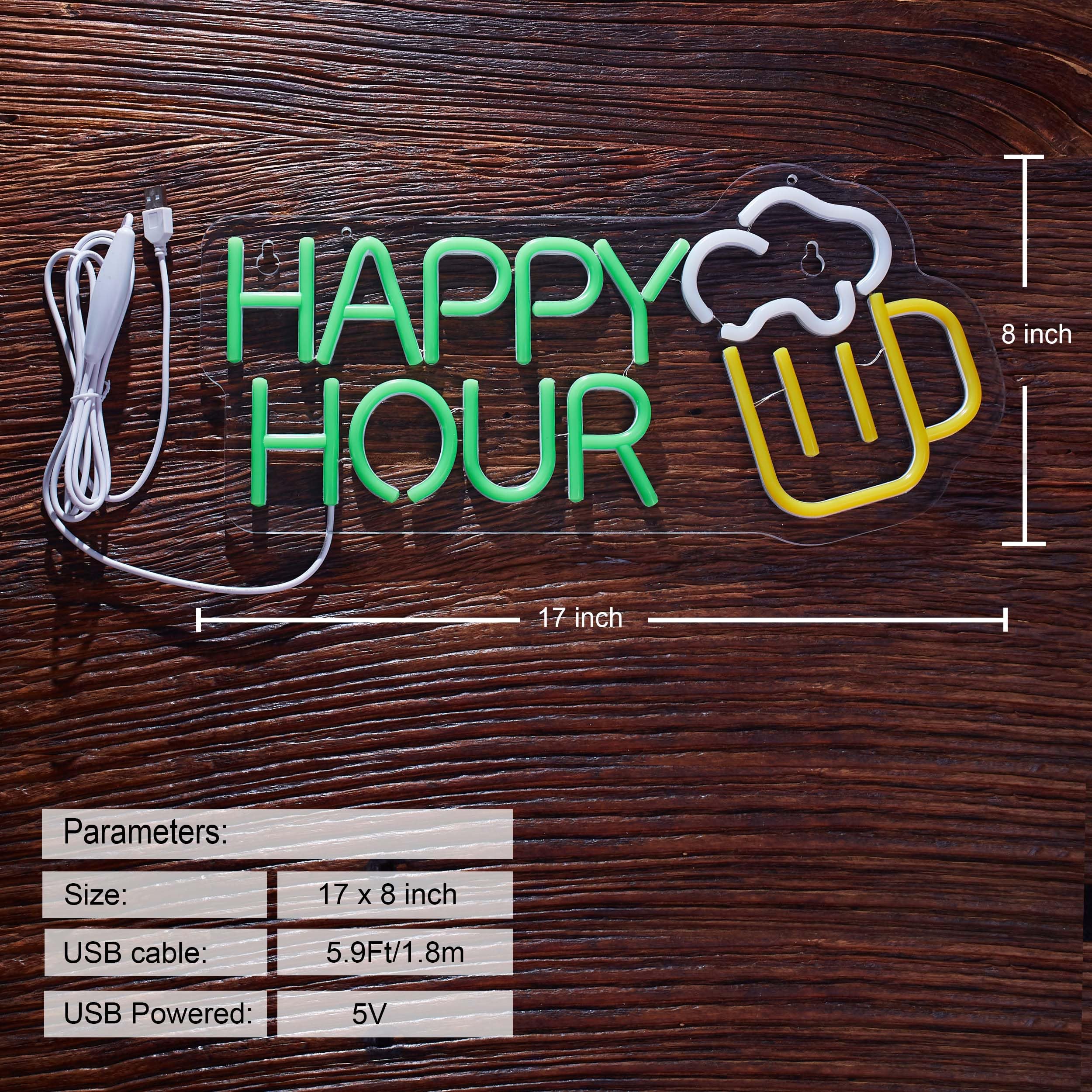 Roouneon Panneau néon LED Happy Hour à intensité variable pour bar, club, chambre à coucher, bureau, hôtel, pub, café, mariage, fête d'anniversaire, décoration murale (43,2 x 20,3 cm)