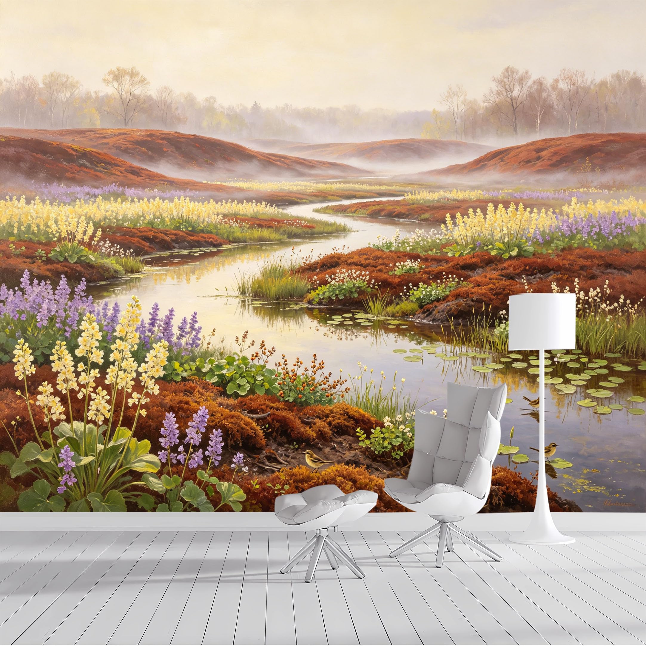 Custom Size Wall Mural Misty Meadow River Landscape Floral Watercolor SelfAdhesive Wall Fabric Removable Peel and Stick Wallpaper Wall Decor for Living Room Bedroom Bathroom