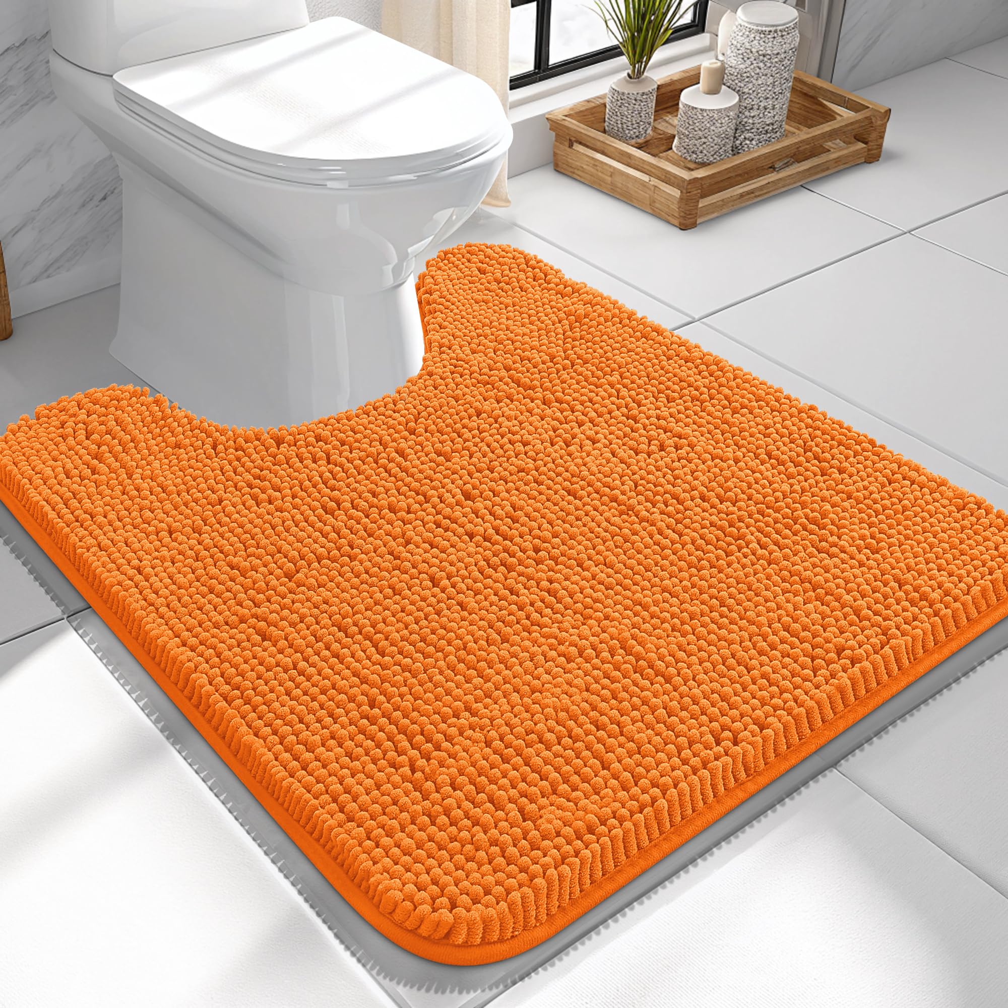 OLANLY Toilet Rugs U-Shaped 24x24, Soft Absorbent Chenille Contour Rugs | Orange, Quick-Drying Rubber Backing, Machine Washable Non-Slip Shaggy Bathroom Mat for Toilet, Home Decor Accessories