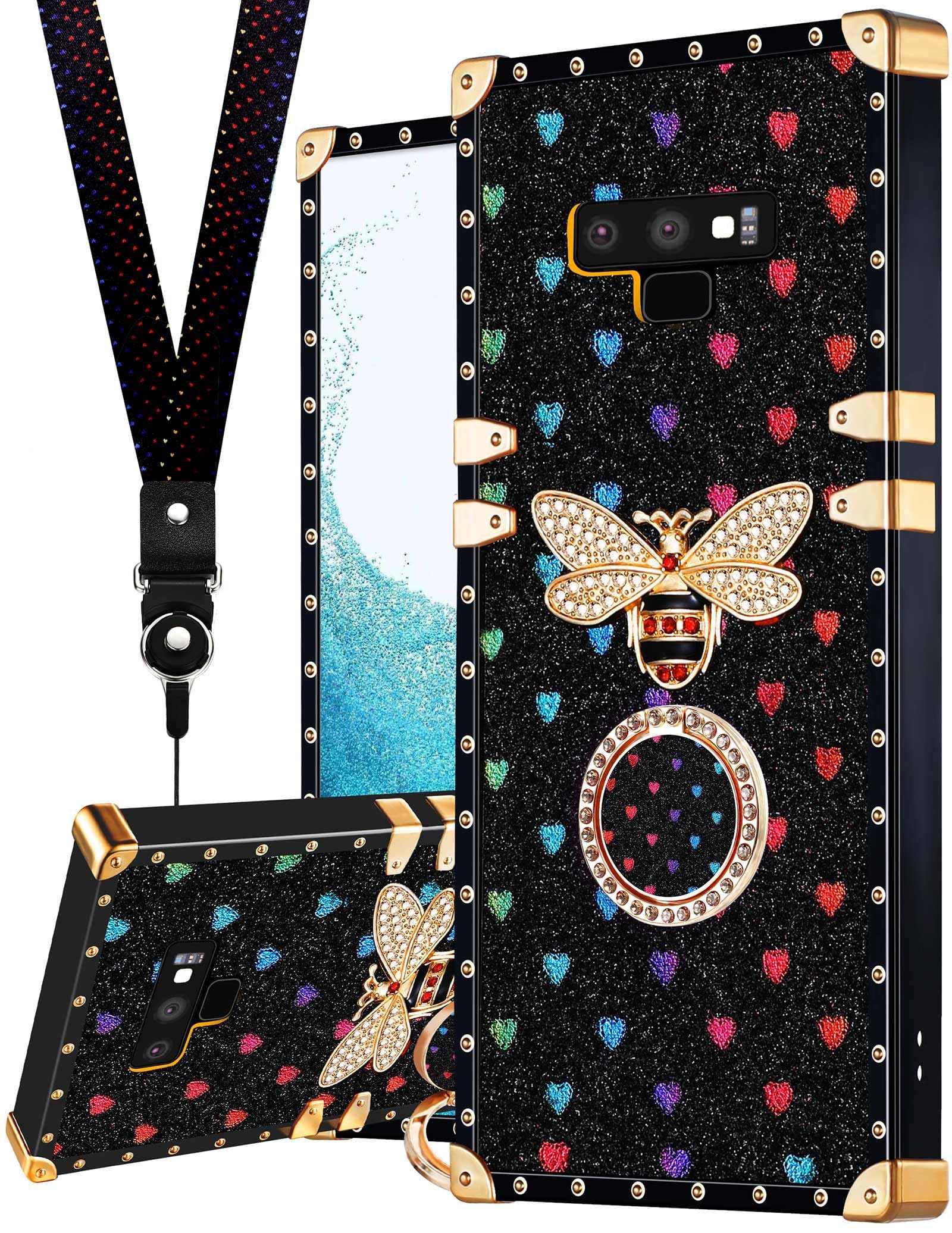 Loheckle for Samsung Galaxy Note 9 Case for Women, Designer with Ring Stand Holder and Lanyard, Stylish Bees Luxury Cover for Samsung Note 9 Phone Case 6.4