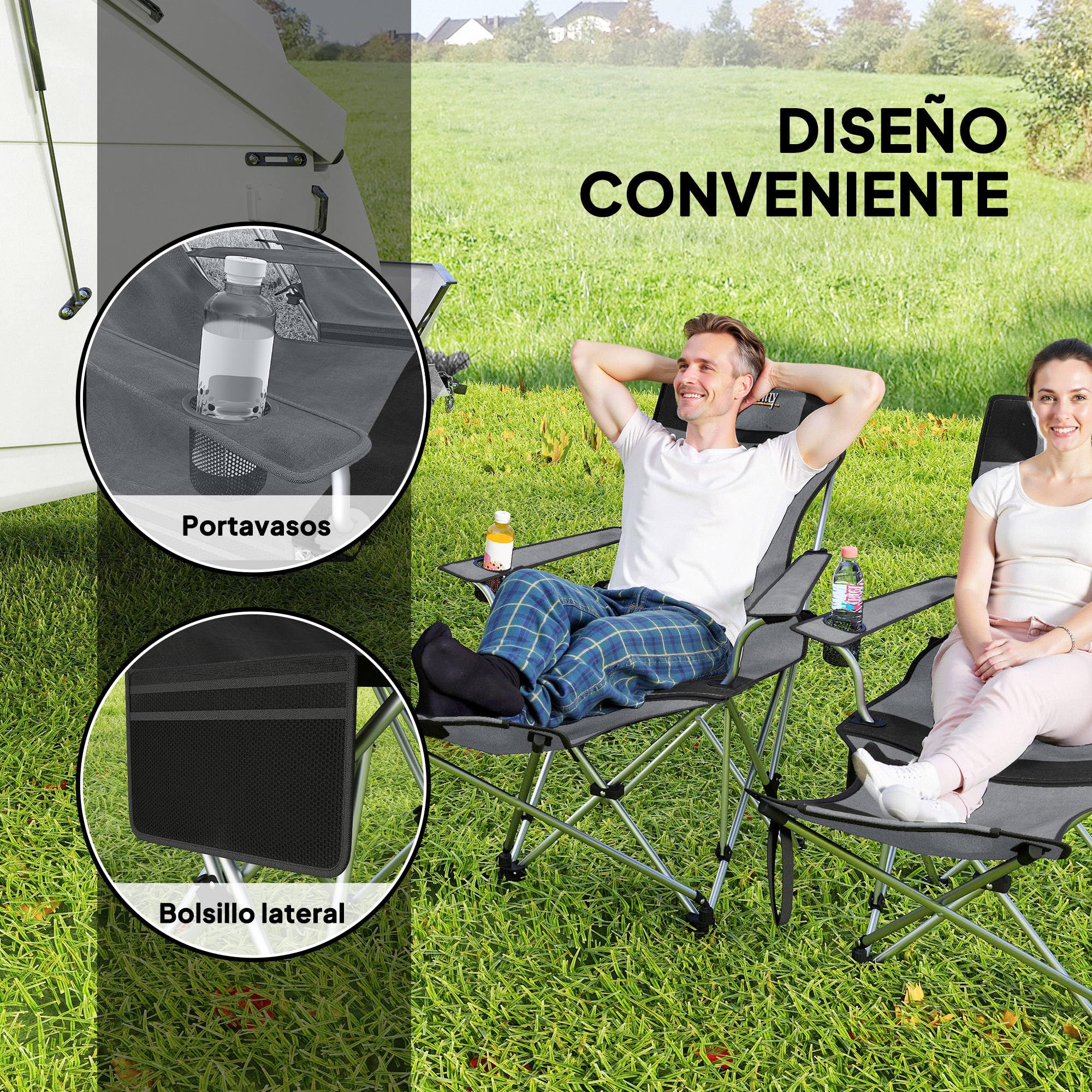 Outsunny Conjunto de 2 Sillas Plegables Camping Tumbonas Camping Portátiles con Reposapiés Desmontable Reposacabezas Portavasos y Bolsa Lateral Carga 120 kg para Jardín Playa Pesca Gris y Negro