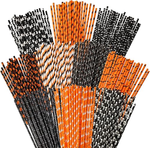 250 pajitas de papel de Halloween, color naranja, negro y blanco, pajitas de Halloween en murciélago y calabaza calavera para fiestas de Halloween