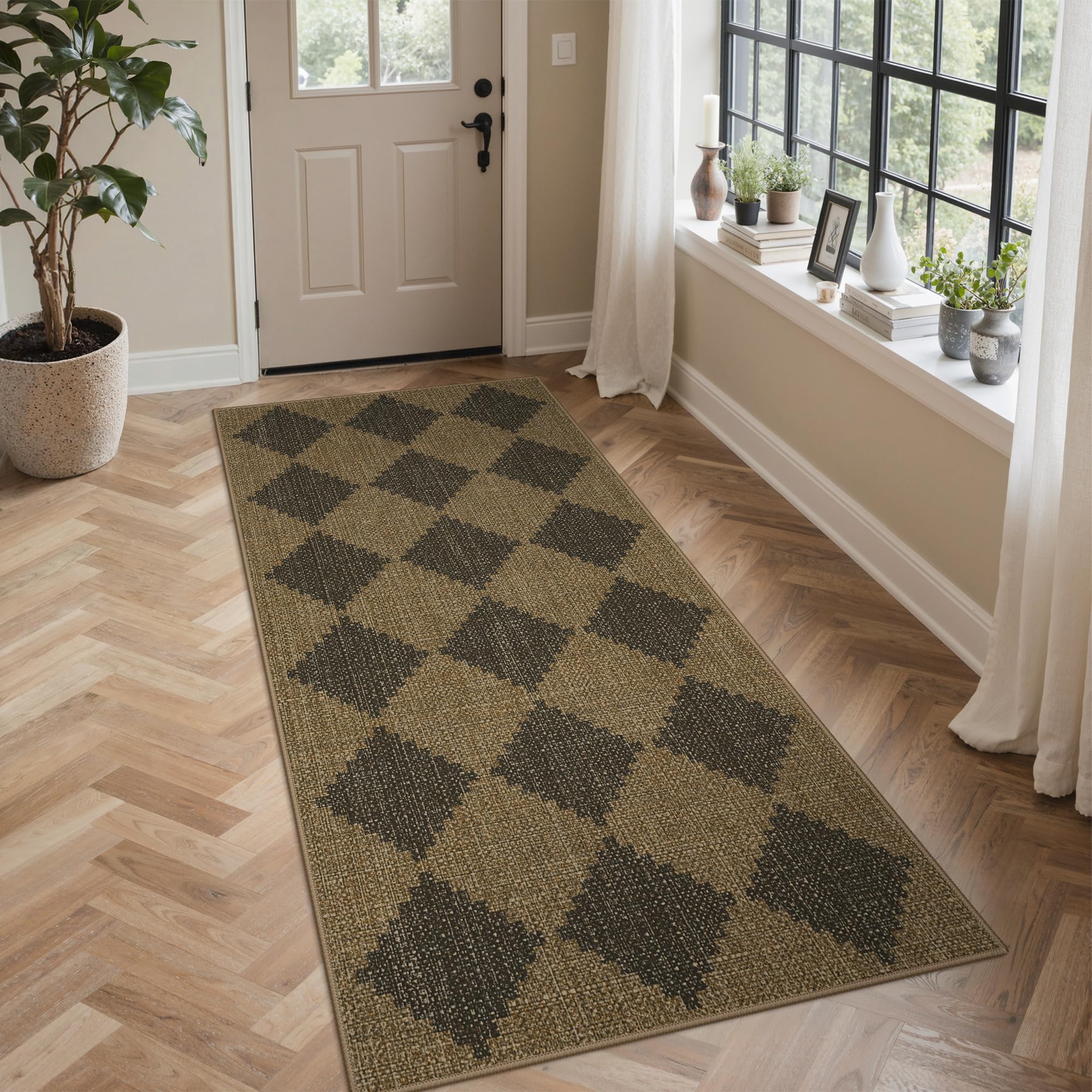 GENIMO Faux Jute Indoor Outdoor Runner Rug, Washable Non Slip Patio Garden Rug, Quick Dry Breathable Synthetic Jute Look, Soft Anti Fatigue, Kids & Pet Friendly, Chevron Diamond 80x150CM