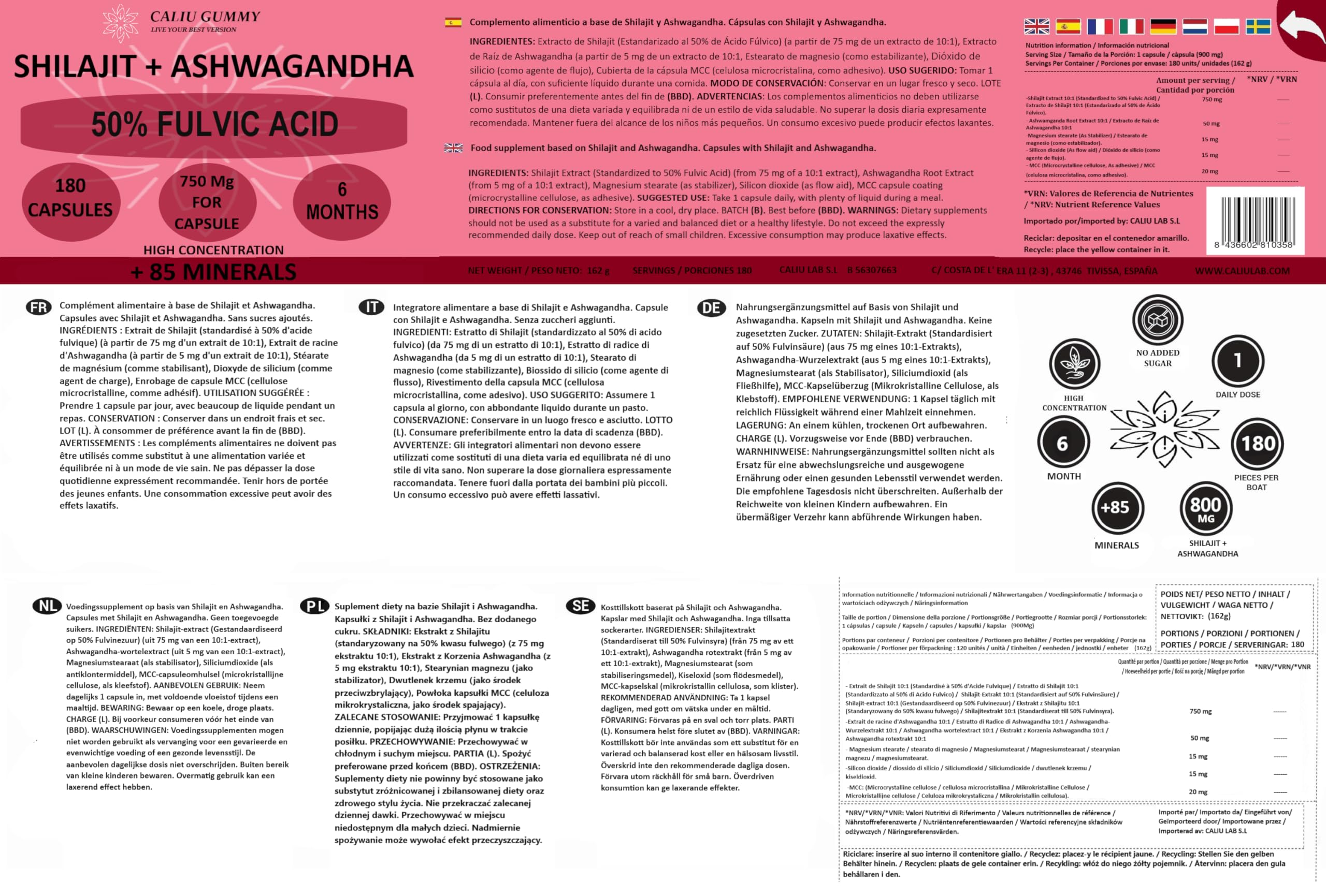 Shilajit Puro | 180 Capsule | 50% Acido Fulvico | 6 mesi | 144000mg | Con Polvere Naturale di Ashwagandha | +85 Minerali | Integratore in Compresse per Uomini con Resina Pura di Shilajit dell'Himalaya
