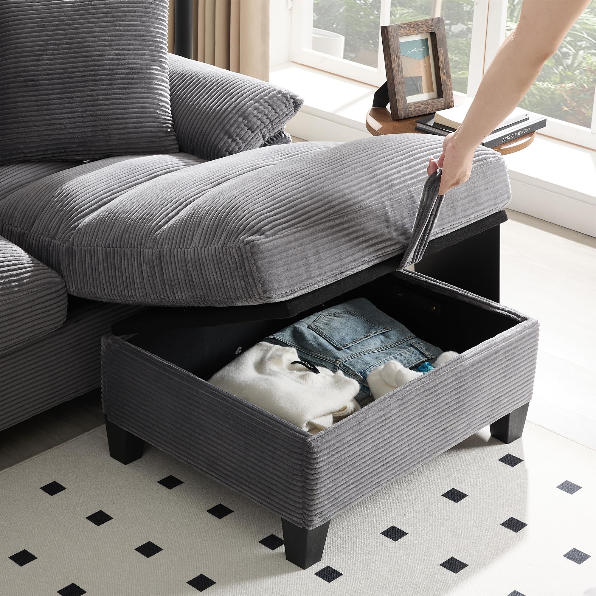 Azkoeesy - Sofá de 4 plazas con 2 reposapiés y espacio de almacenamiento, consola con 2 portavasos y enchufe, 293 cm, forma U, tapizado en pana, adecuado para sala de estar, dormitorio y apartamentos