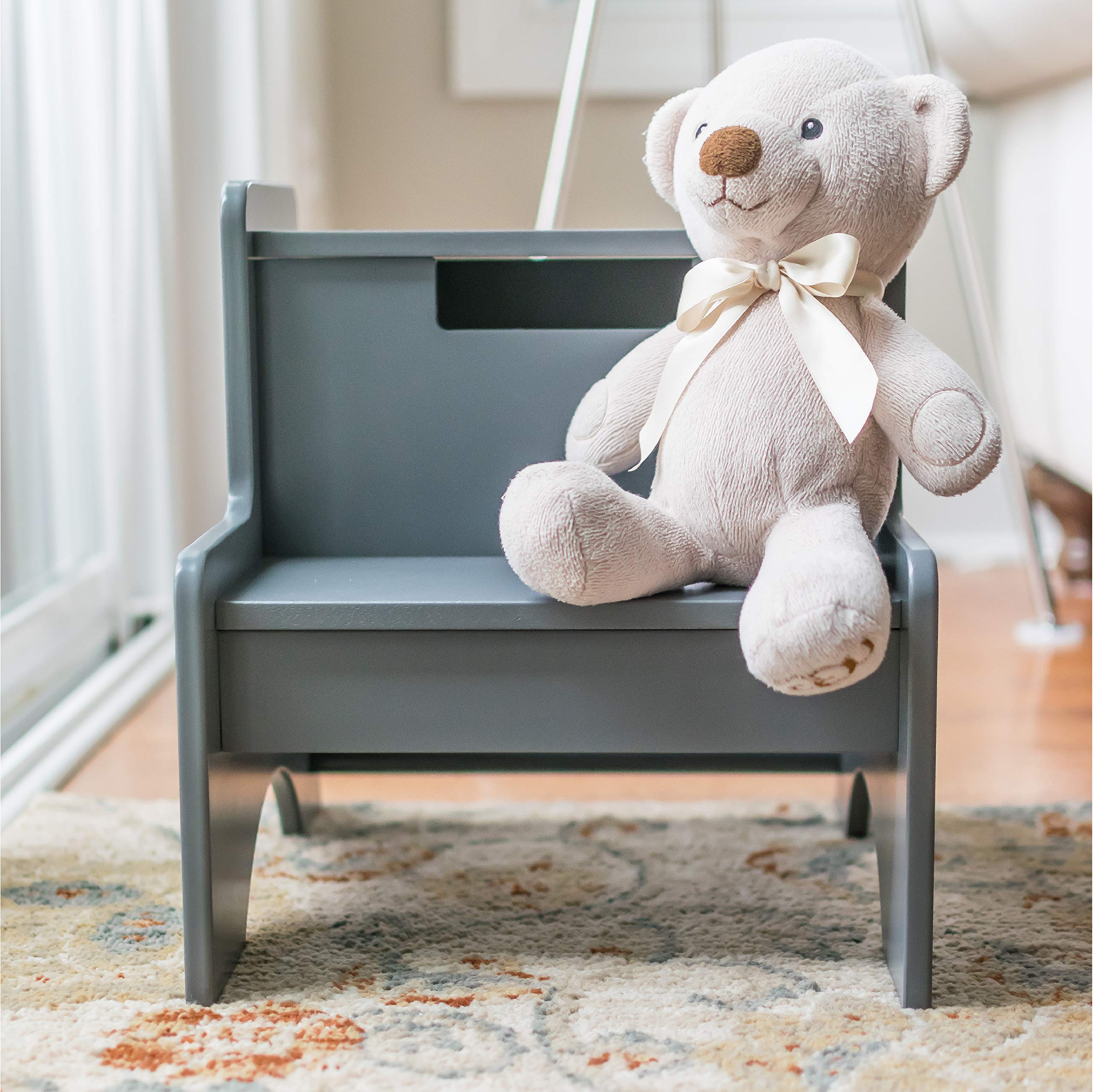 Wildkin Kids Wooden Two-Step Stool for Kids and Adults, Perfect for Kitchen or Bathroom Use, Stepping Stool Features Two Convenient Carrying Handles, Suitable for Individuals Up to 200lbs (Gray)