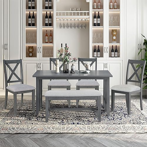 Merax Juego de mesa de comedor plegable con banco y sillas para ahorrar espacio, juego de mesa de comedor de cocina de 6 piezas, color gris Gris y