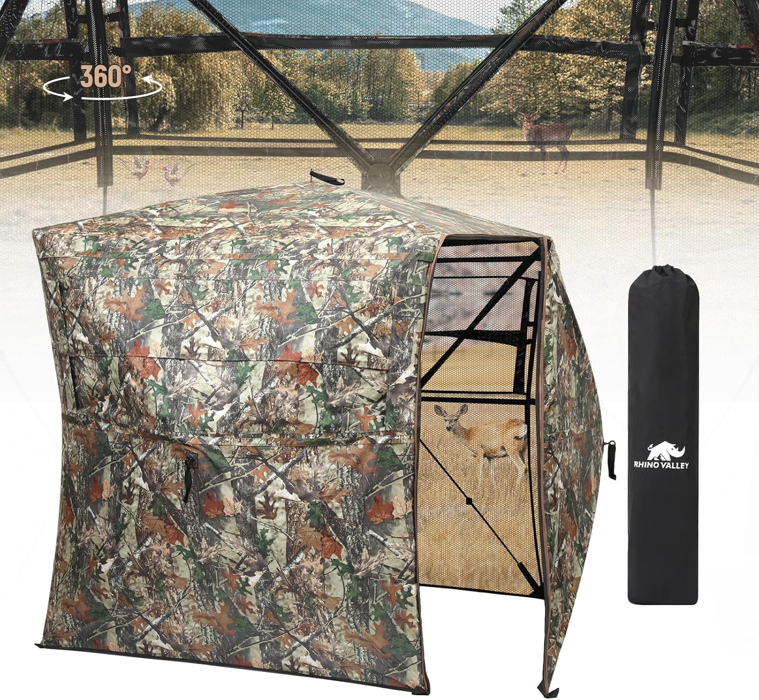 Rhino Valley Hunting Blind 360° See Through, Pop Up Ground Blinds with Carrying Bag, Portable Resilient Hunting Tent with Silent Magnetic Door & Sliding Windows for Deer Turkey Hunting 2-3 Person