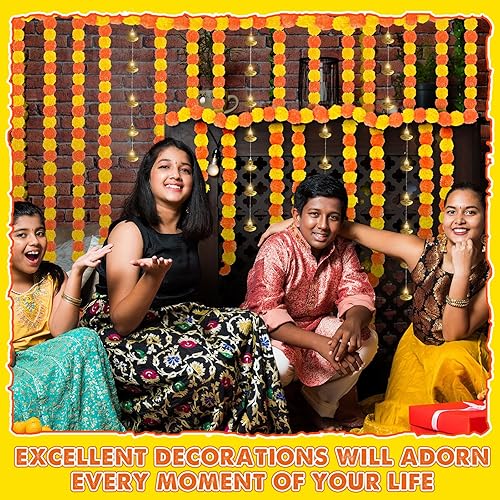 Miniatura 6 de Yunsailing 20 guirnaldas de caléndula de 5 pies y guirnalda de luces Diwali de 6.56 pies Dia De Los Muertos, 15 flores artificiales de caléndula 5