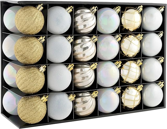 WeRChristmas Shatterproof Luxury Christmas Tree Baubles,Plastic 48-Piece - Gold/Silver/White
