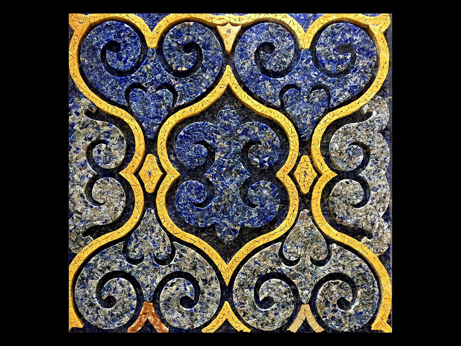 Scrolls In Blue And Gold Tile Mosaic | Captivating Marble Mosaics | Mosaic Artwork By Mosaics Lab | Handmade Marble | This Masterpiece Is Great As Wall Art | Perfect For Any Office, Living Room.