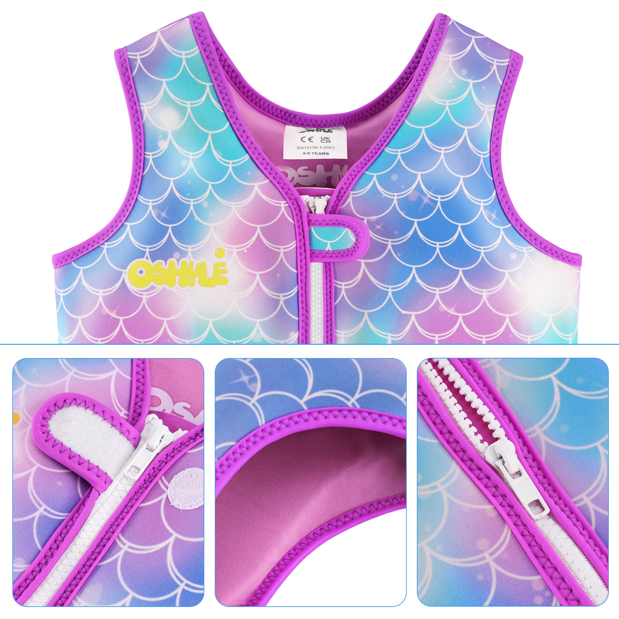 OSHYLE Children's Girls Boys Swimming Vest for Toddlers with Adjustable Safety Straps Age 3-6 (Mermaids, M) - Image 3