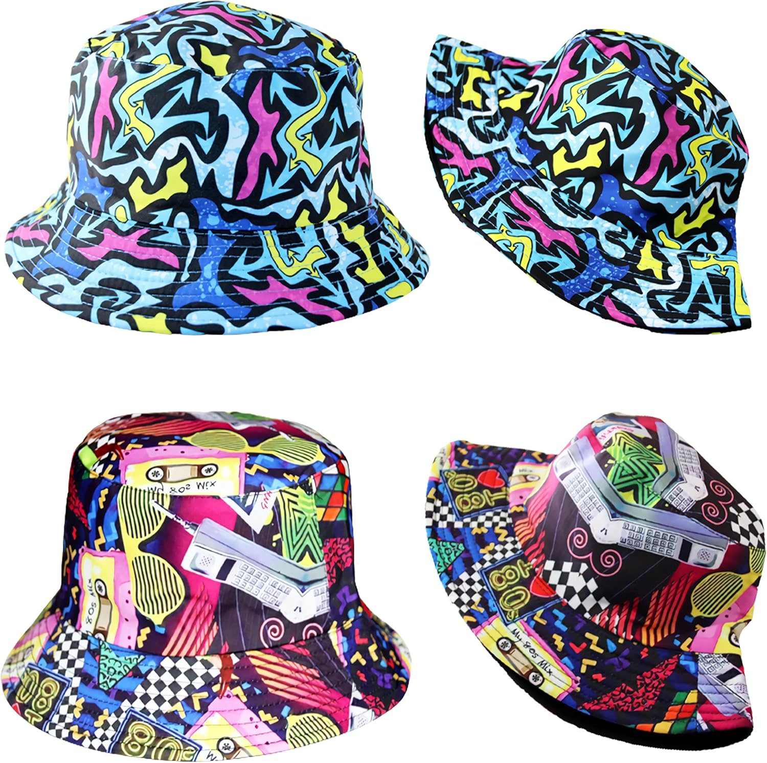 6 Pack Retro 80s 90s Bucket Hats for Men Women, Funny Retro Party Hats, Vintage Print Fisherman Hats for Disco Hip hop Party, Unisex Reversible Portable Hat Outdoor Fashion Sun Cap Colorful - Image 7