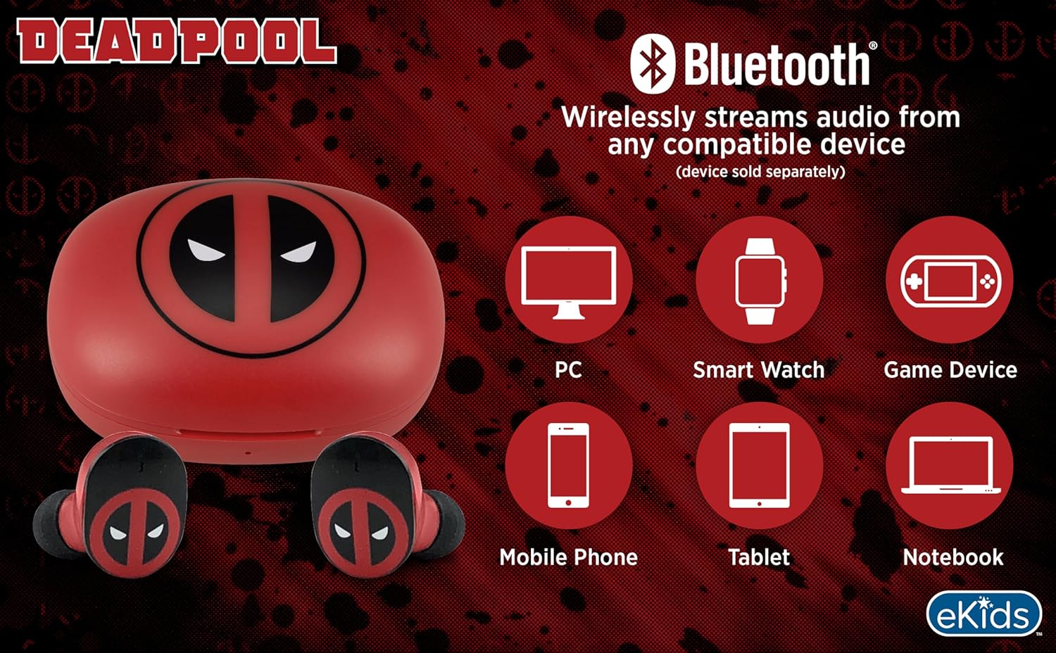 eKids Marvel Deadpool Wireless Earbuds with Microphone, Bluetooth Earbuds with Charging Case for Ear Buds - Image 5