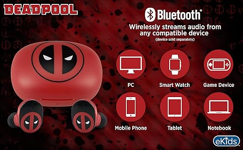Miniatura 5 de eKids Marvel Deadpool - Auriculares inalámbricos con micrófono, auriculares Bluetooth con estuche de carga para auriculares