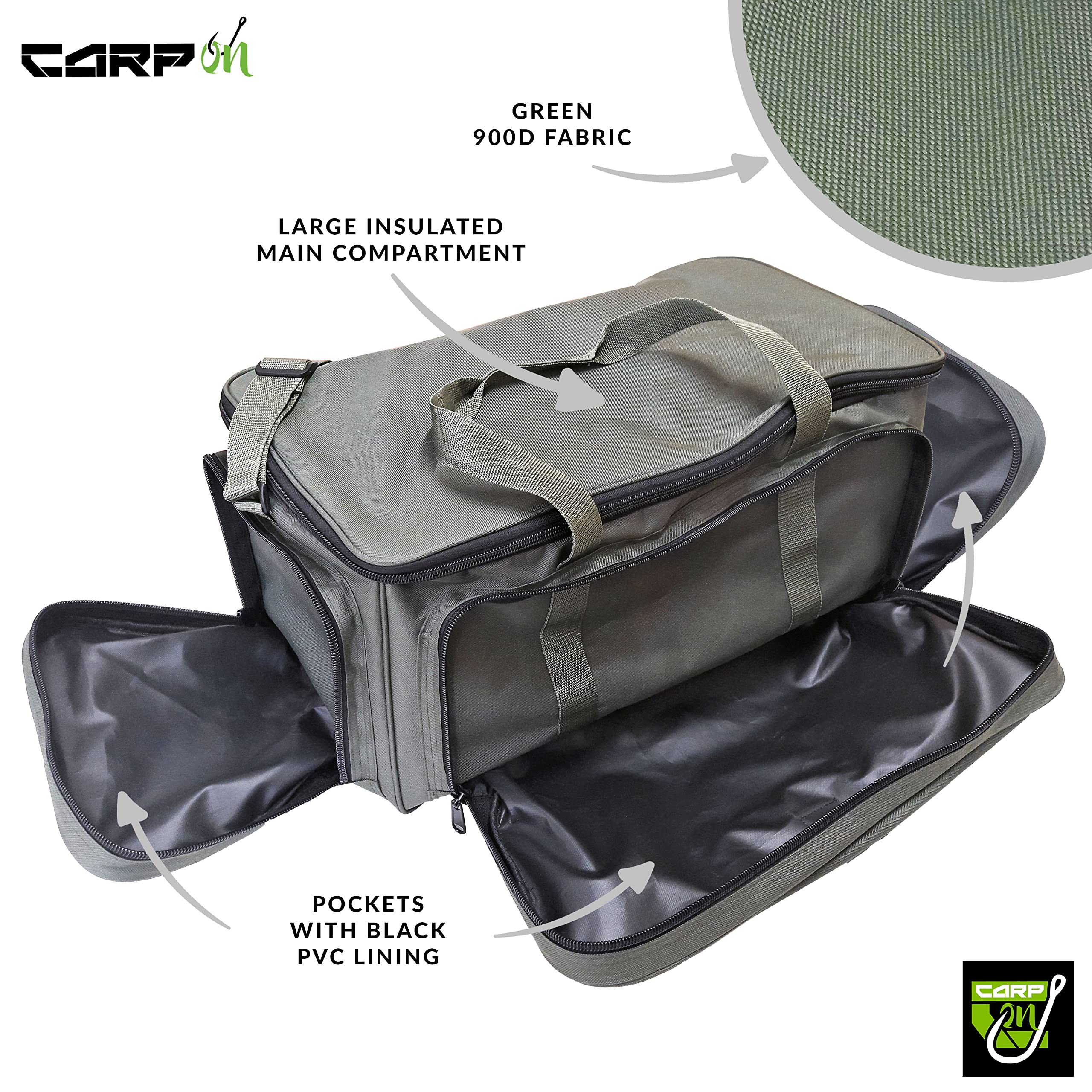 50 litros con aislamiento de cebo bolsa de almacenamiento para aparejos de pesca 900D (56x30x30 cm), compartimentos multiusos, bolsillos, Green, Mochila de senderismo
