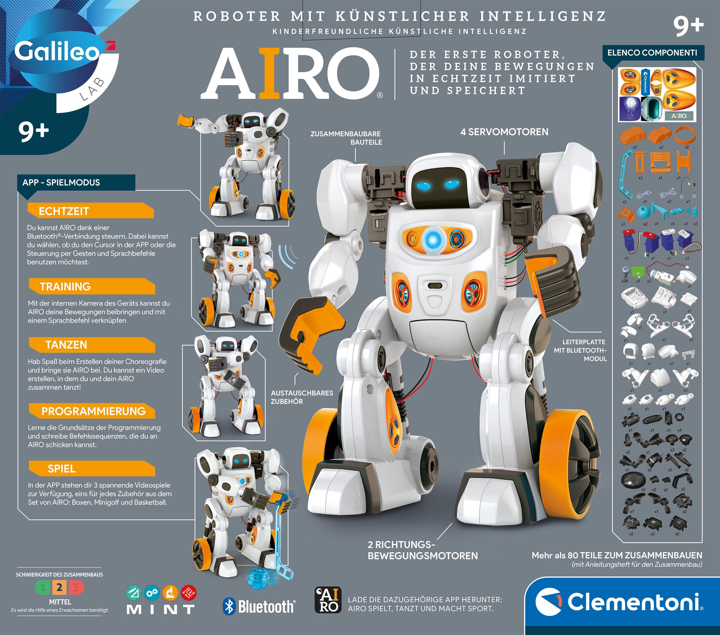 Clementoni Galileo AIRO - Mein interaktiver K.I. Roboter - Trainierbar mit künstlicher Intelligenz, erkennt Gesten- & Sprachsteuerung - Robotik-Spielzeug für Kinder ab 8 Jahren 59351