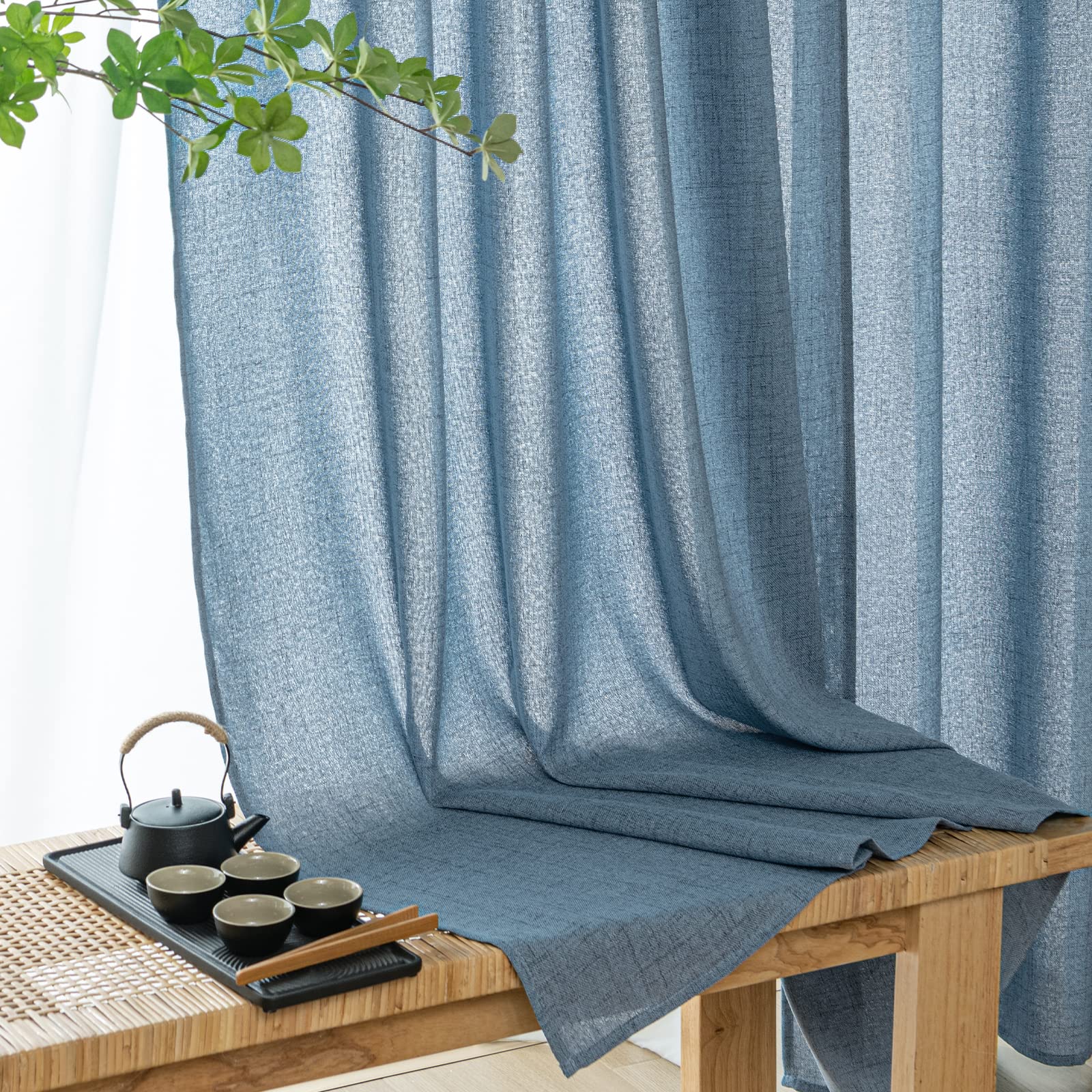 Zasłony do salonu MIULEE, lniane zasłony z przelotkami, zasłony boho z przelotkami, półlniane zasłony, zestaw 2 sztuk, 245 x 140 cm (wys. x szer.), kolor niebieski