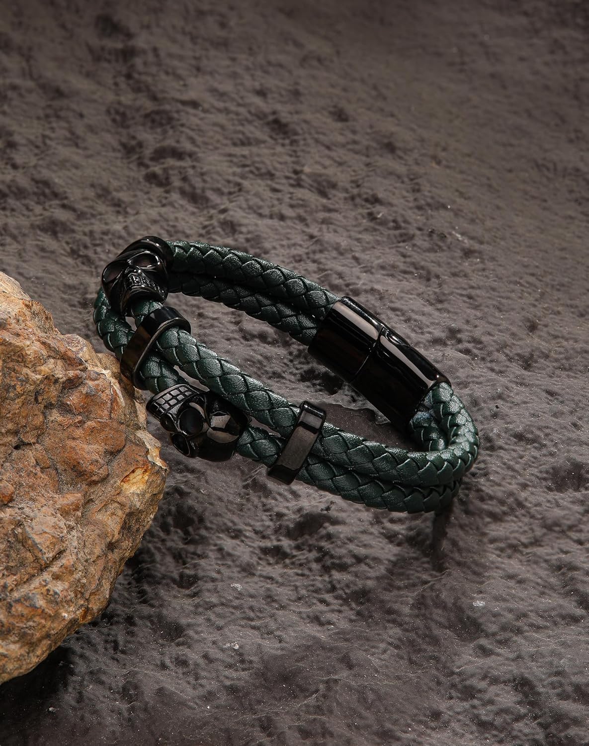 Stainless Steel Double Skull Bracelets - Mens Genuine Leather Punk Skeleton - Cuff Gothic Jewelry