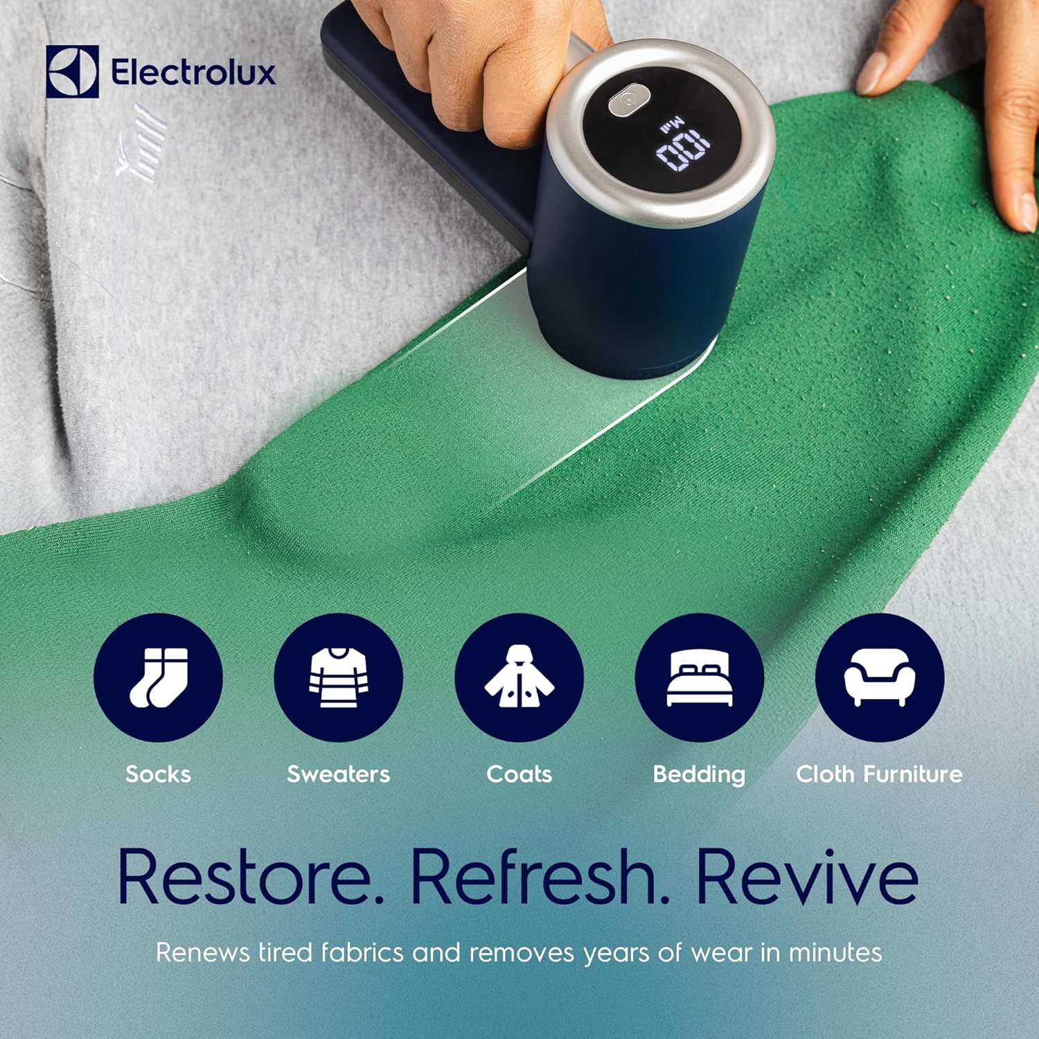 Electrolux Fabric Shaver being used on a sweater, with icons for socks, sweaters, coats, bedding, and cloth furniture.