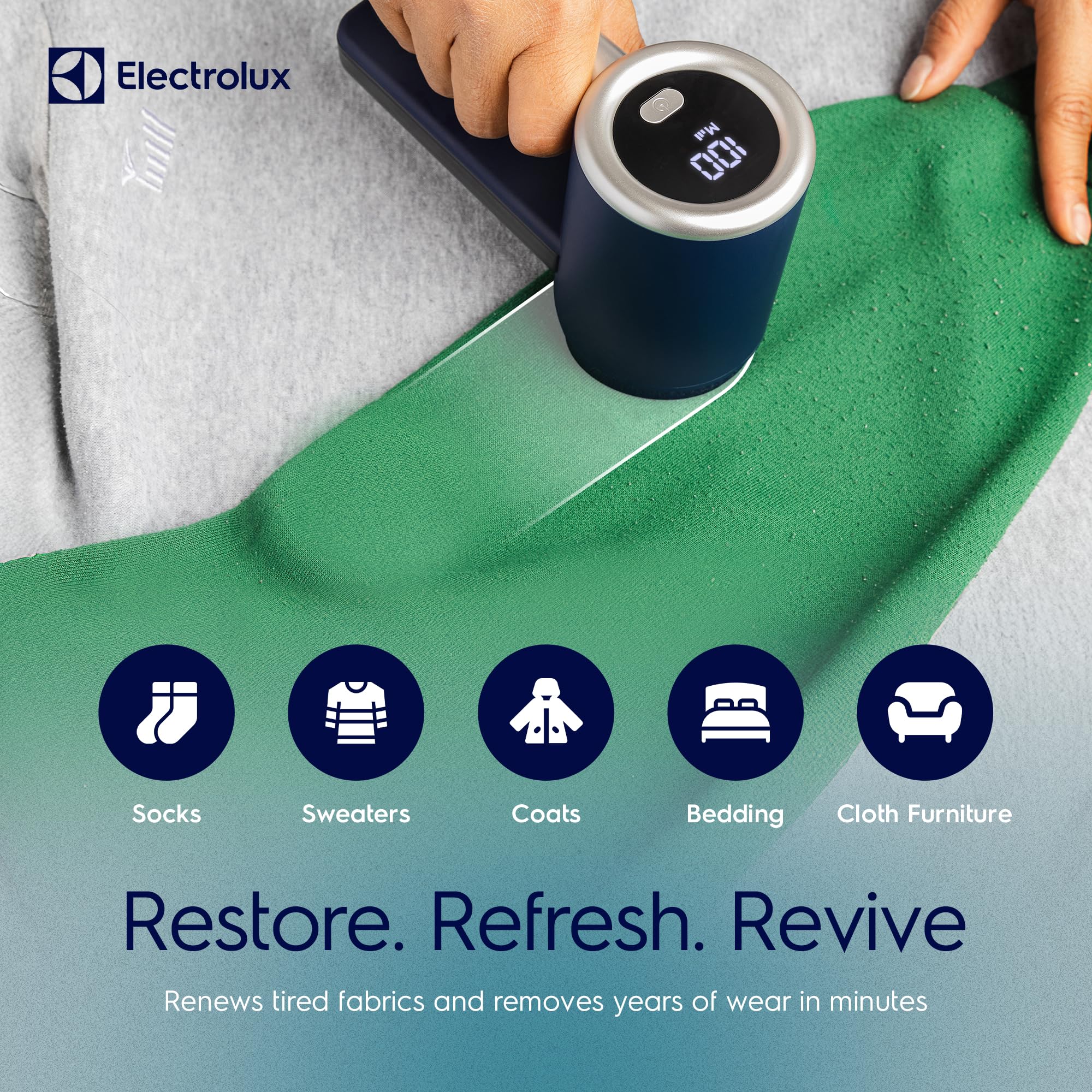 Electrolux Rasoir Rechargeable pour Tissu et Anti-Peluches pour vêtements, Meubles, canapés, couvertures | avec écran LED, Coupe-Fourrure électrique Portable à 3 Vitesses - Élimine Les Peluches, Les