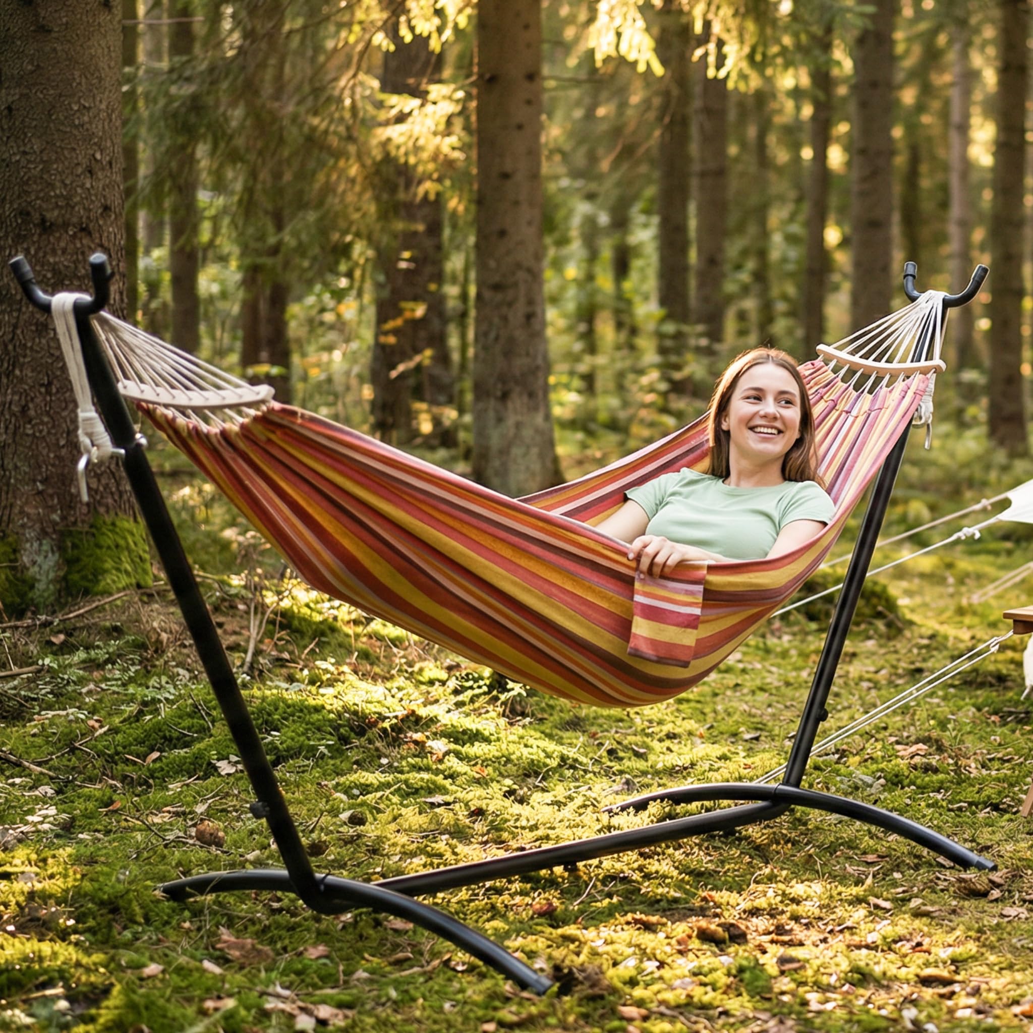 Mondeer Hängematte mit Gestell, Doppel Hängematte Outdoor mit gebogener Holzstange und Tragetasche für 2 Personen, 270 kg Tragfähigkeit, für Indoor Balkon Terrasse Garten (Rot)