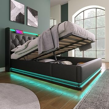 Queen Size Lift Up Storage Bed Frame with LED Light, Charging Station and Headboard, Upholstered Queen Size Platfom Bed Frame with Hydraulic Storage for Child and Adults, Black