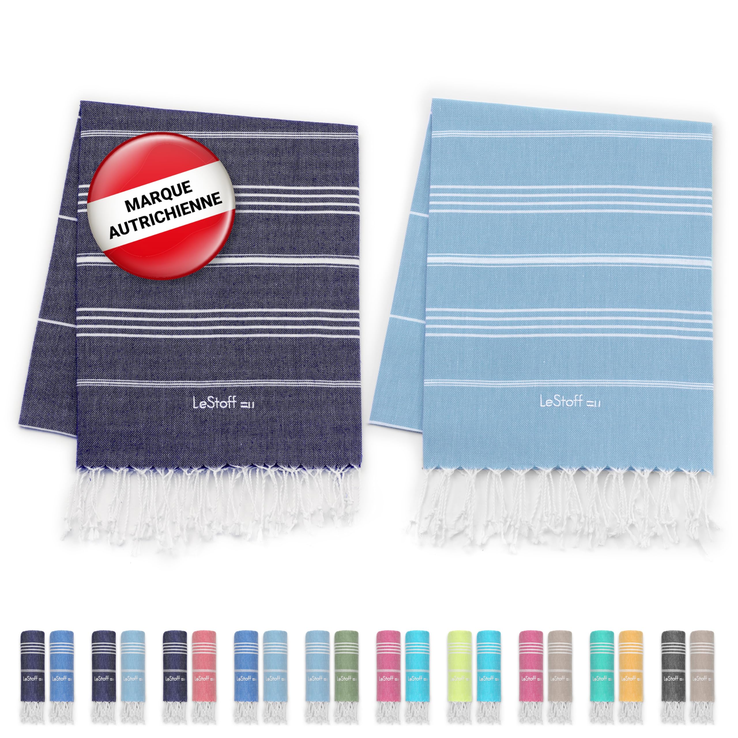LeStoff 2 foutas hammam, 100% Coton Bio, 95x180 cm, Bleu Marine/Bleu Clair | Serviettes de plage, sauna, bain, douche, yoga, voyage et spa – prélavées, durables, légères, absorbantes, séchage rapide
