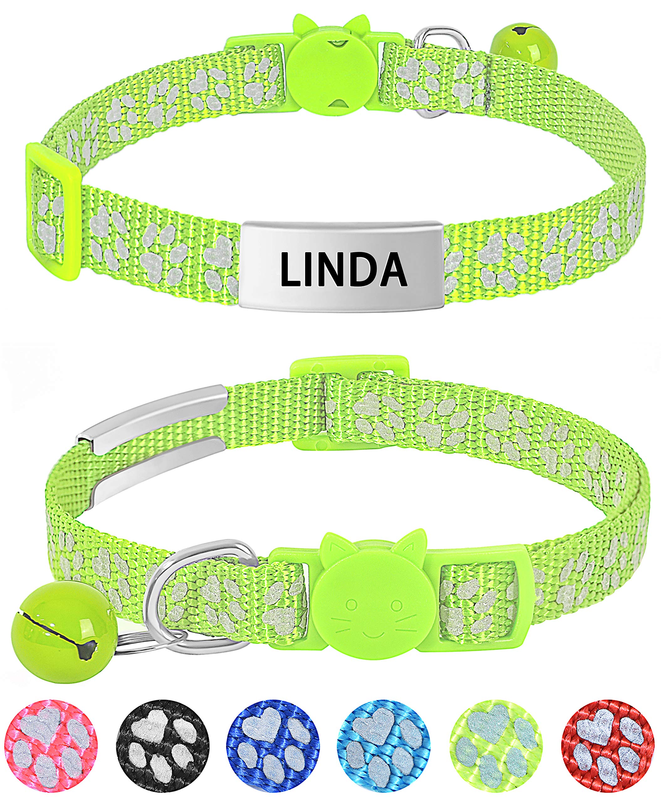 LaReine Reflective Cat Collars Breakaway with Bell and ID Tag - with Personalization Options (7.5"-12.5" Neck, Customized - Green)