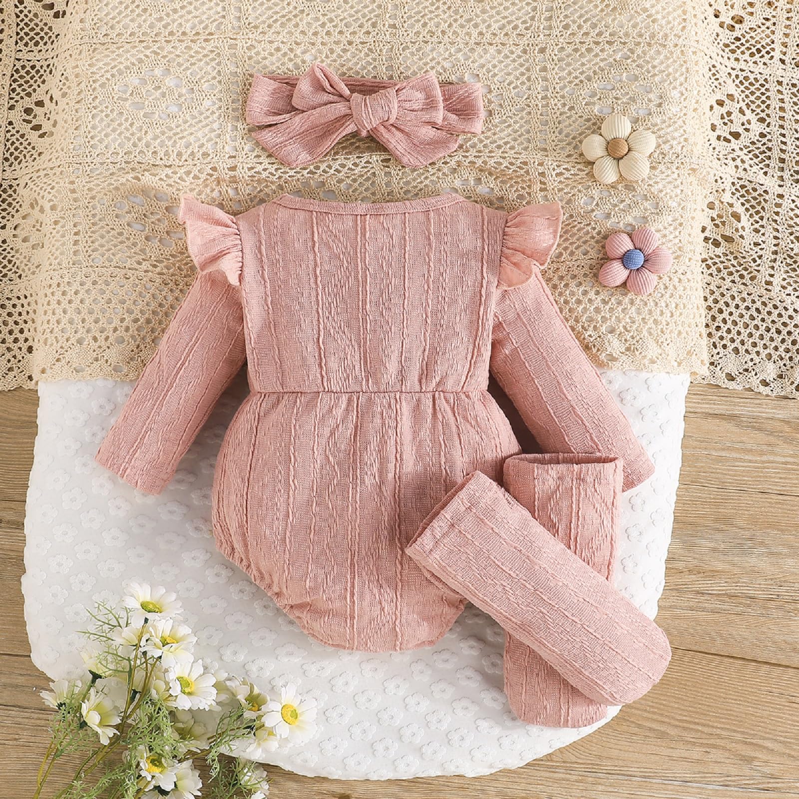 Kunyeah 3Pcs Vestiti per bambina Neonato Ruffle Romper Body a maniche lunghe+Fiocco per capelli+Calzini Tuta neonato a fiori