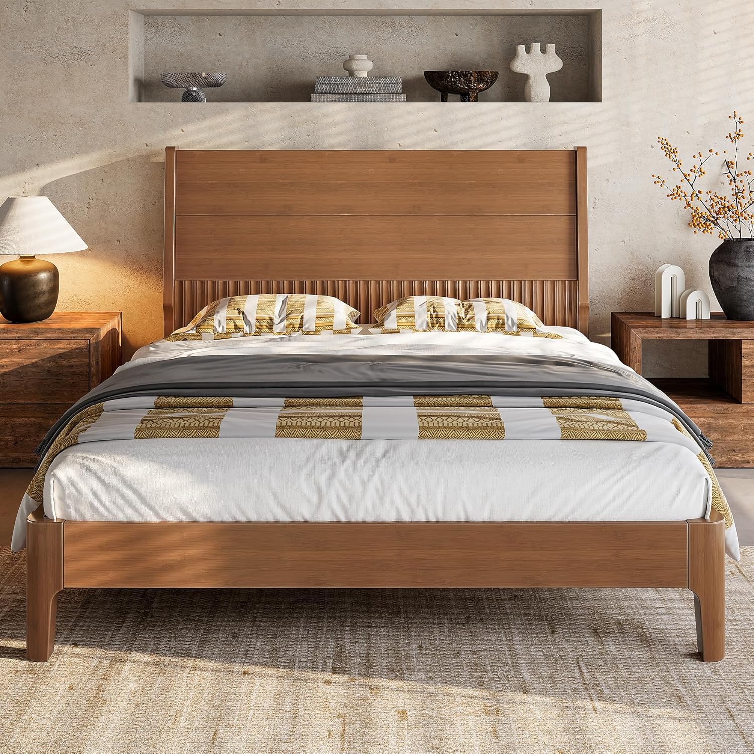 Bellemave Full Bamboo Platform Bed Frame with Tall Headboard, Mid-Century Modern Bed Frame with Slats, Farmhouse Bed Frame for Bedroom, Guest Rooms, No Box Spring Needed, Easy Assembly, Brown