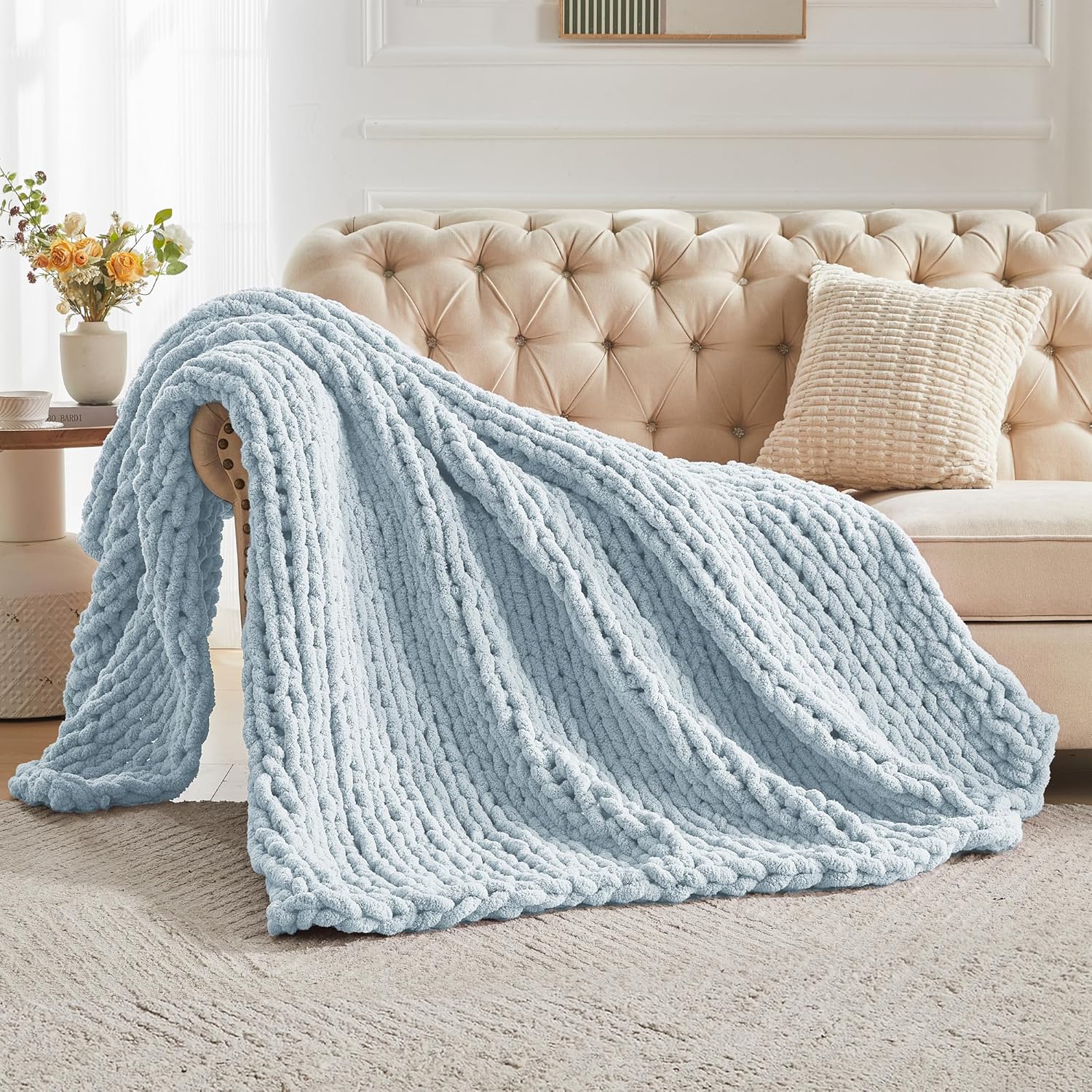 Carriediosa Chunky Knit Throw Blanket 60" X 80" Twin, 100% Hand Made Large Chenille Loop Yarn Soft Fluffy Throws for Couch Sofa Bed, Big Crochet Cozy Heavy Thick Cable Woven Blanket, Light Blue Light Blue 60" X 80"